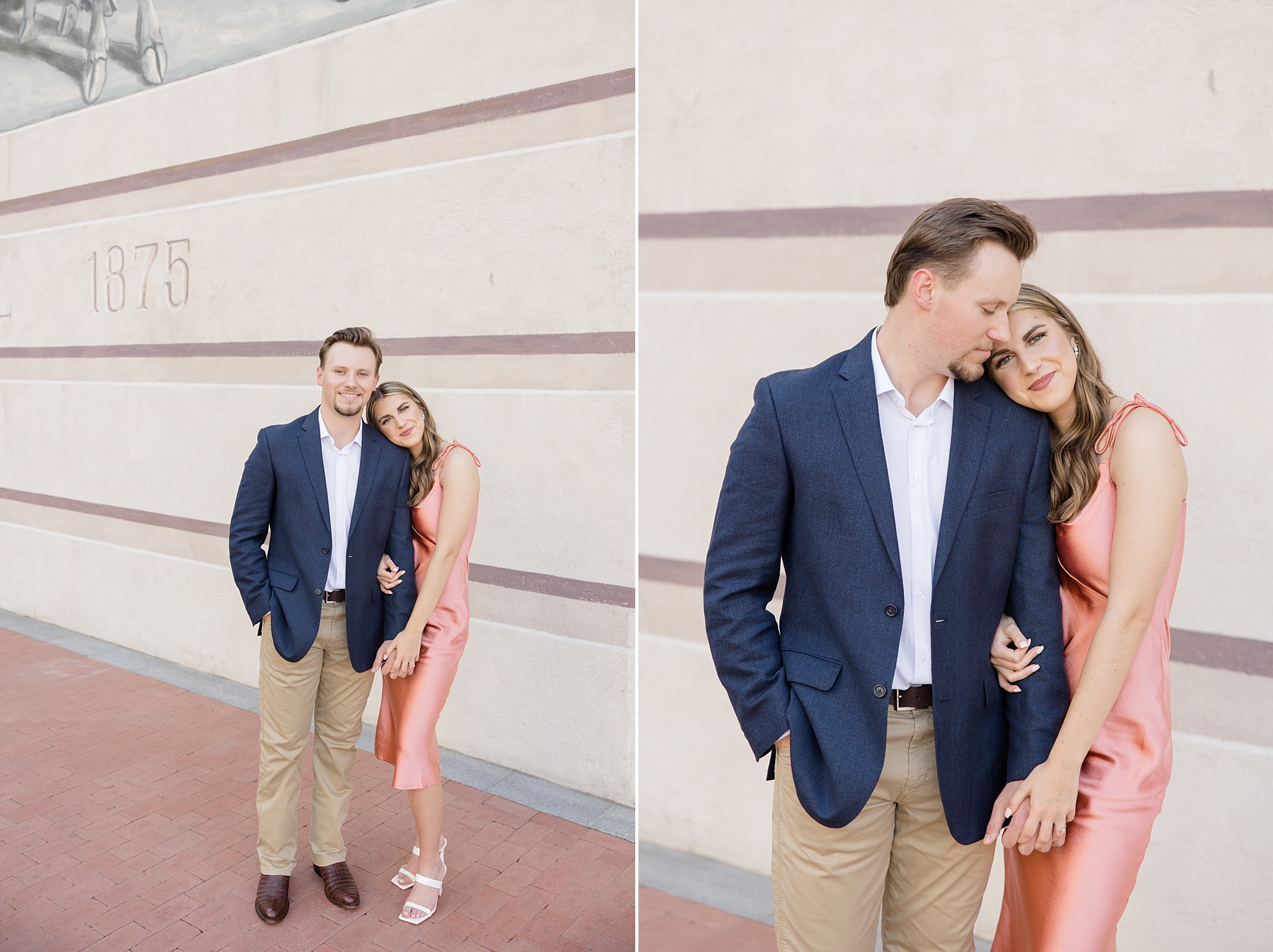 man looks at fiancee leaning on his arm during Sundance Square engagement photos