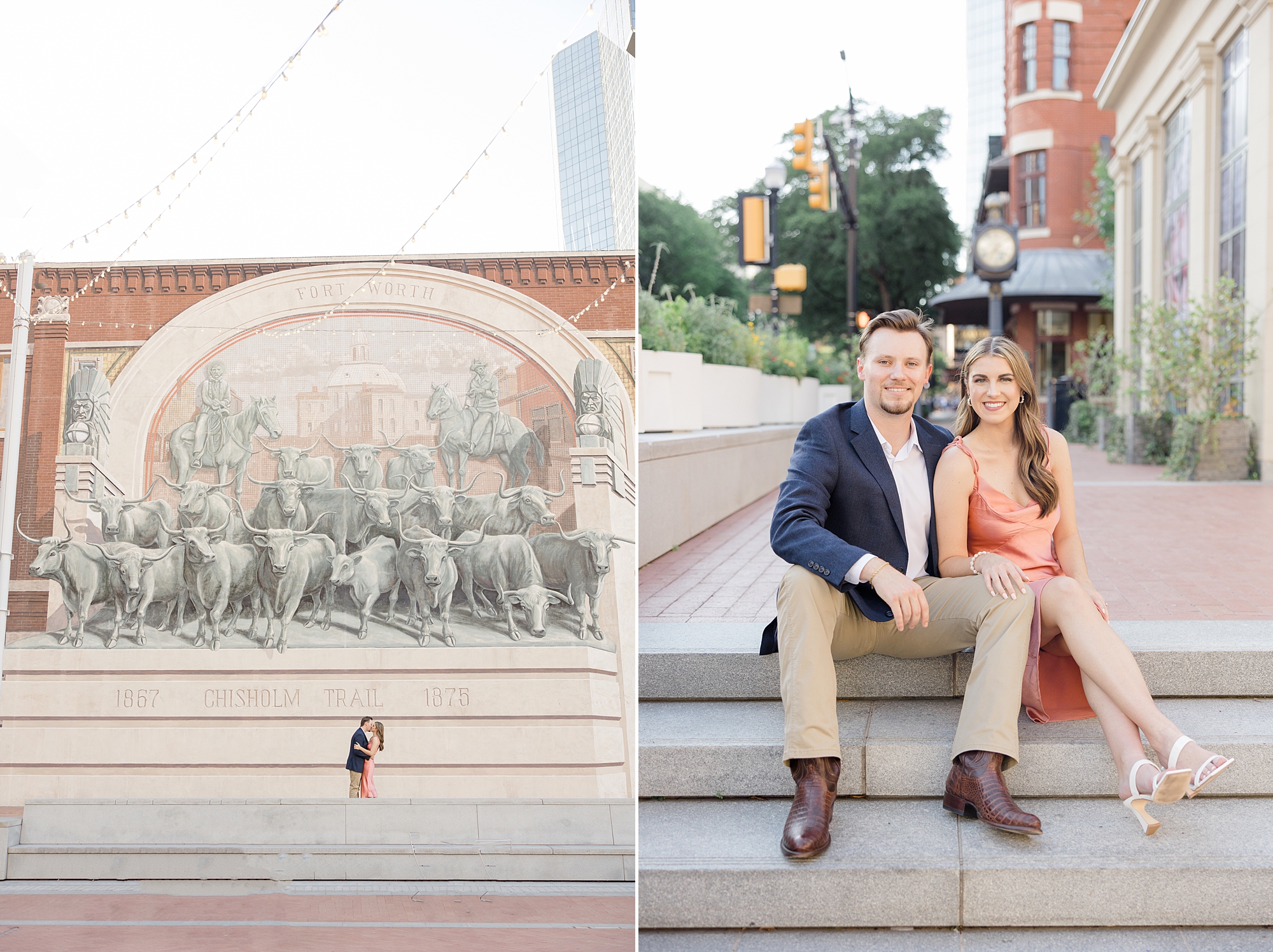 couple poses by mural in Sundance Square