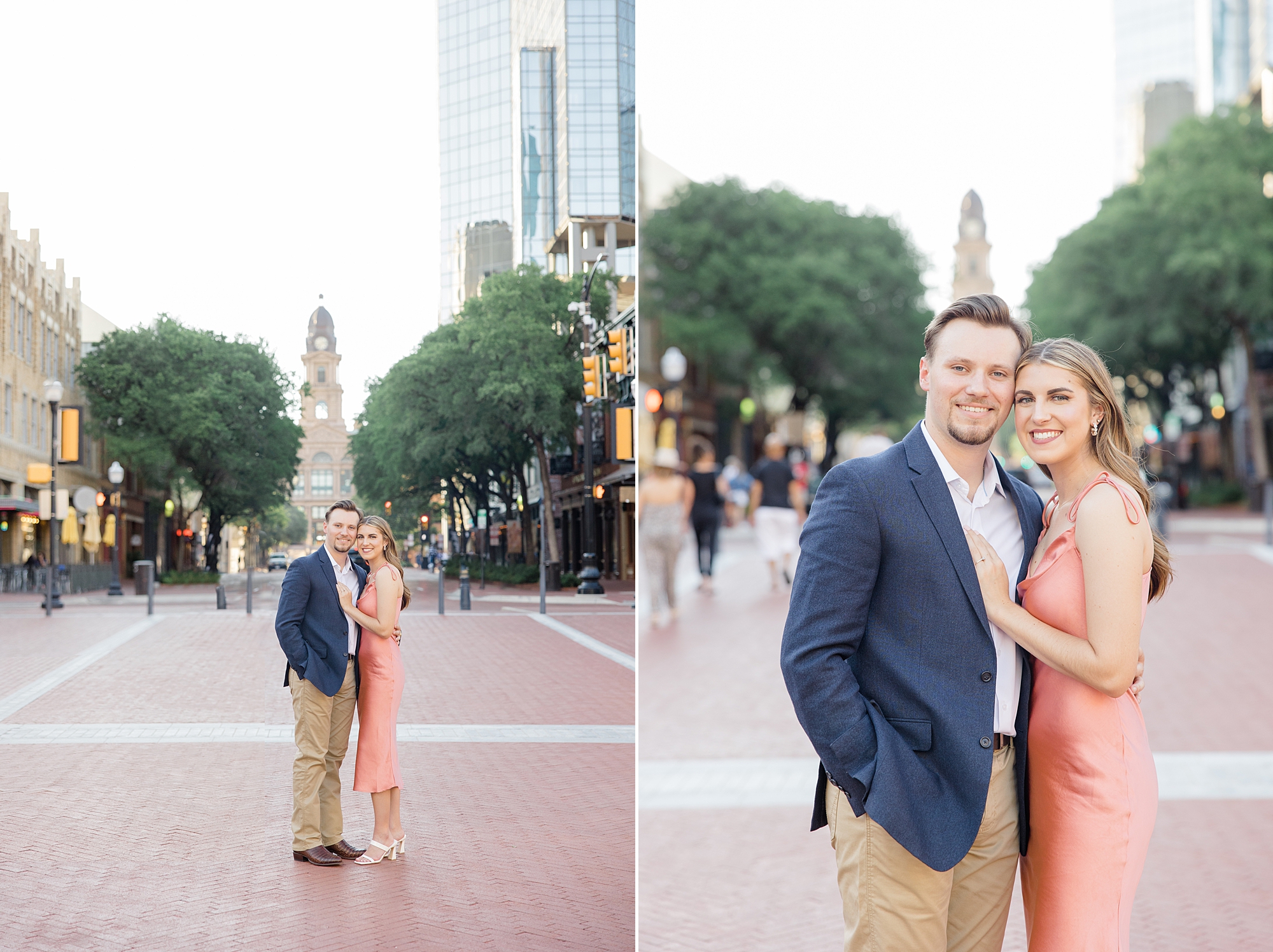 engaged couple walks through downtown Fort Worth
