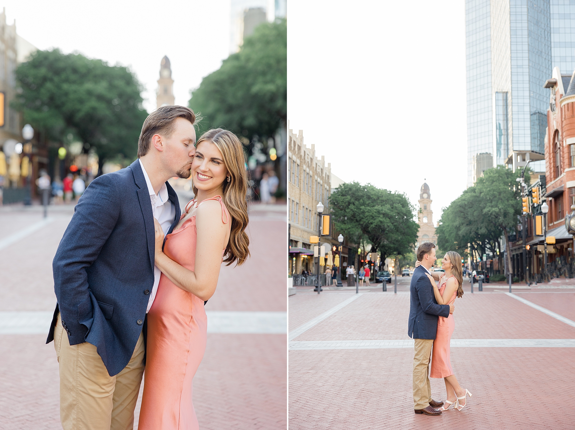 man kisses fiancee during Sundance Square in downtown