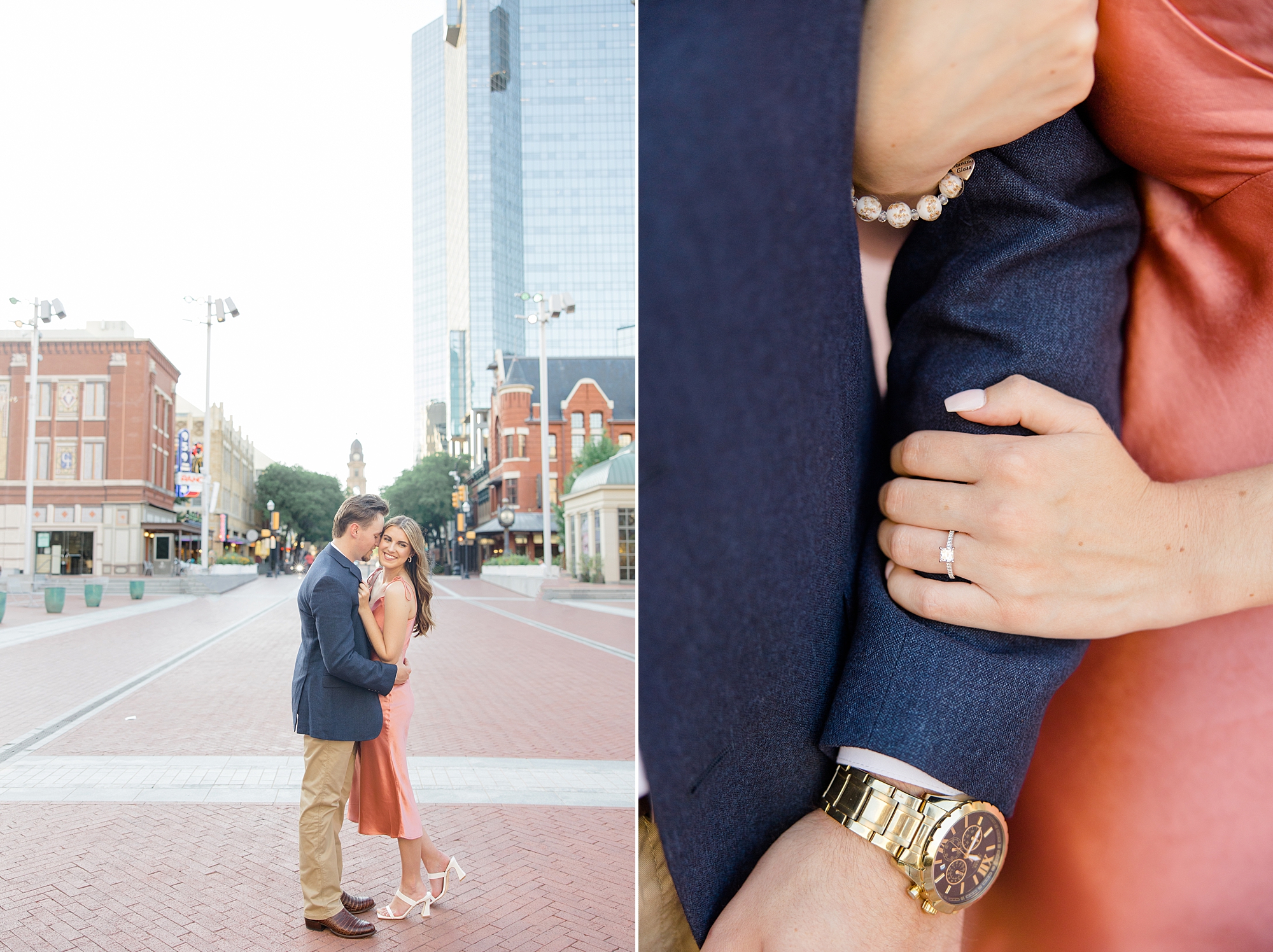 woman holds fiance's arm during TX engagement photos