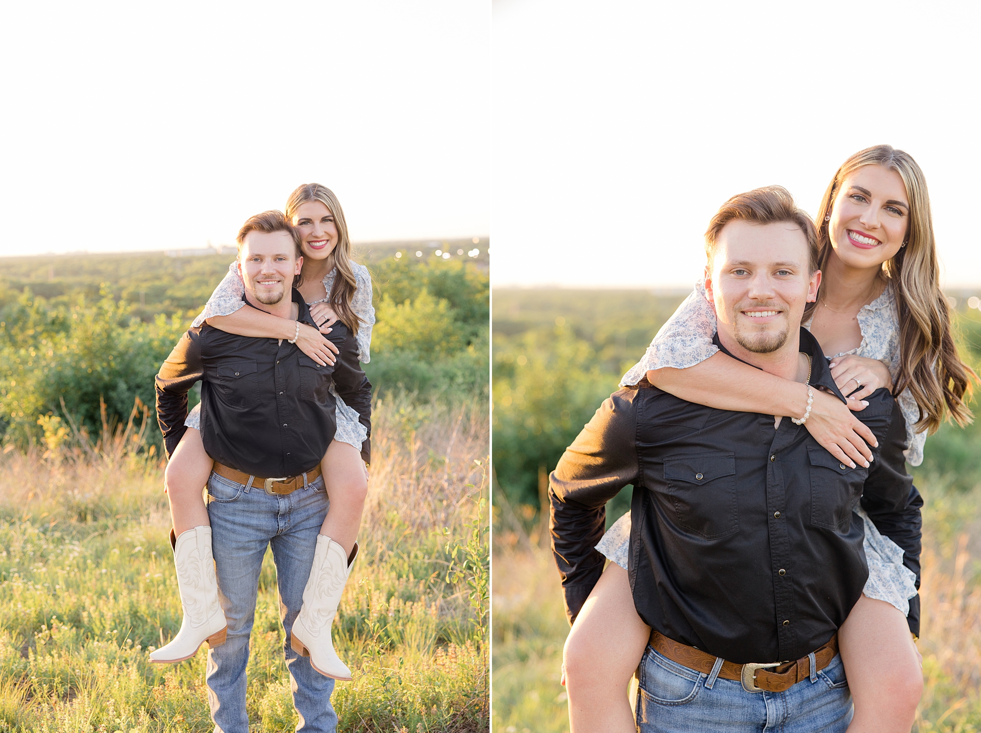 man gives fiancee a piggy back ride during sunset engagement photos