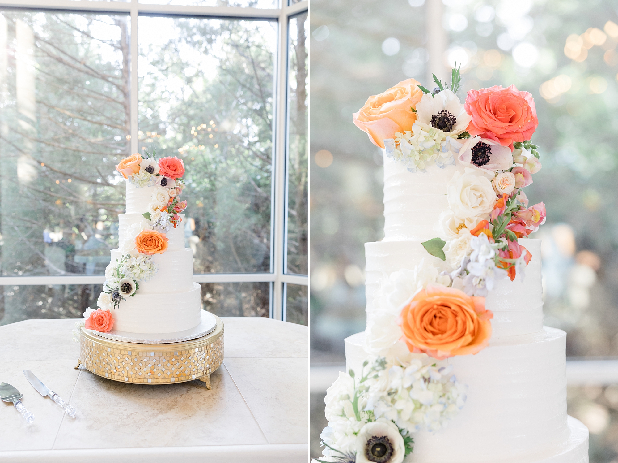 tiered wedding cake with pastel pink and orange flowers