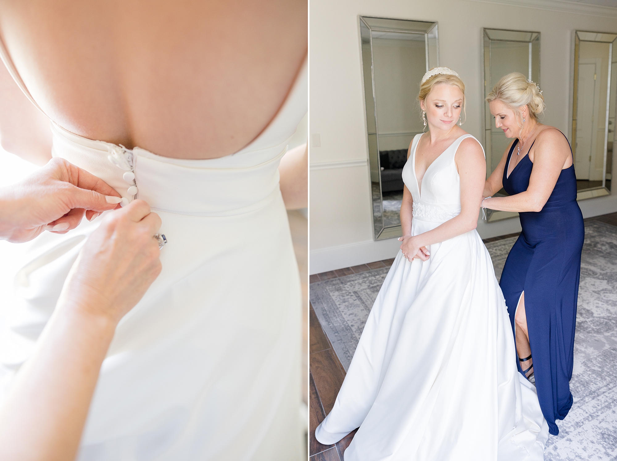 mother helps bride into wedding gown at Ashton Gardens