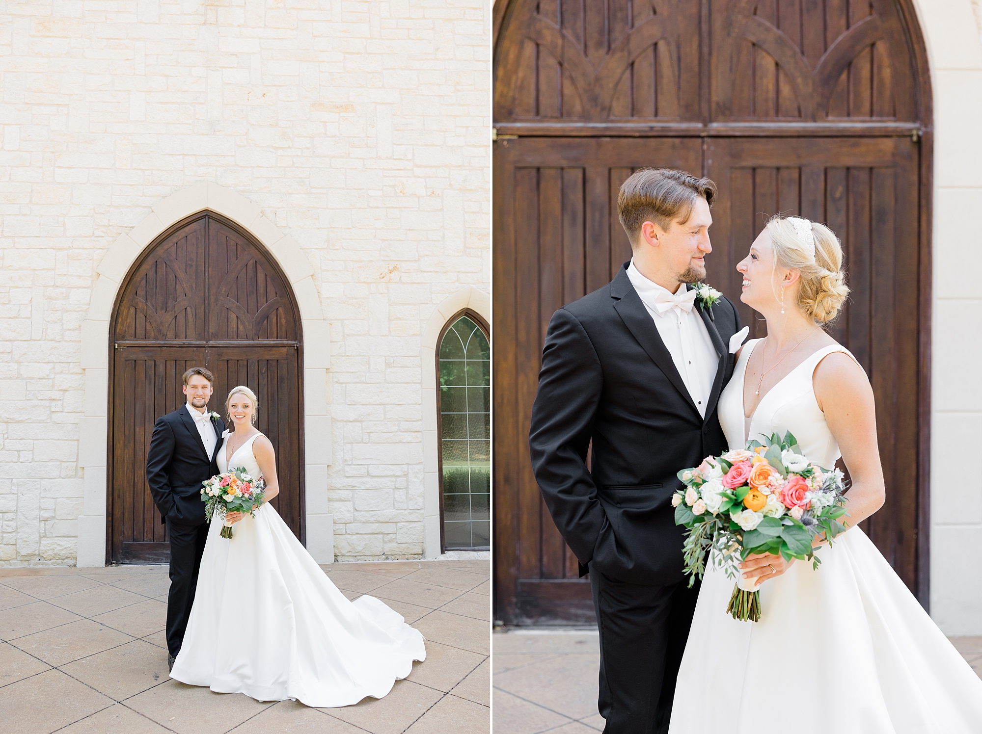 bride and groom smile together outside wooden door at Ashton Gardens