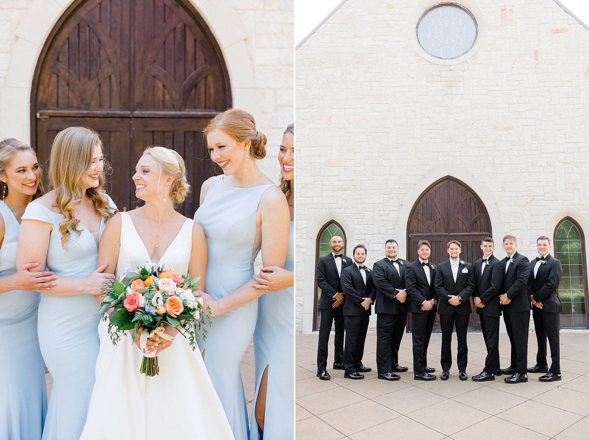bride smiles at bridesmaids in blue gown