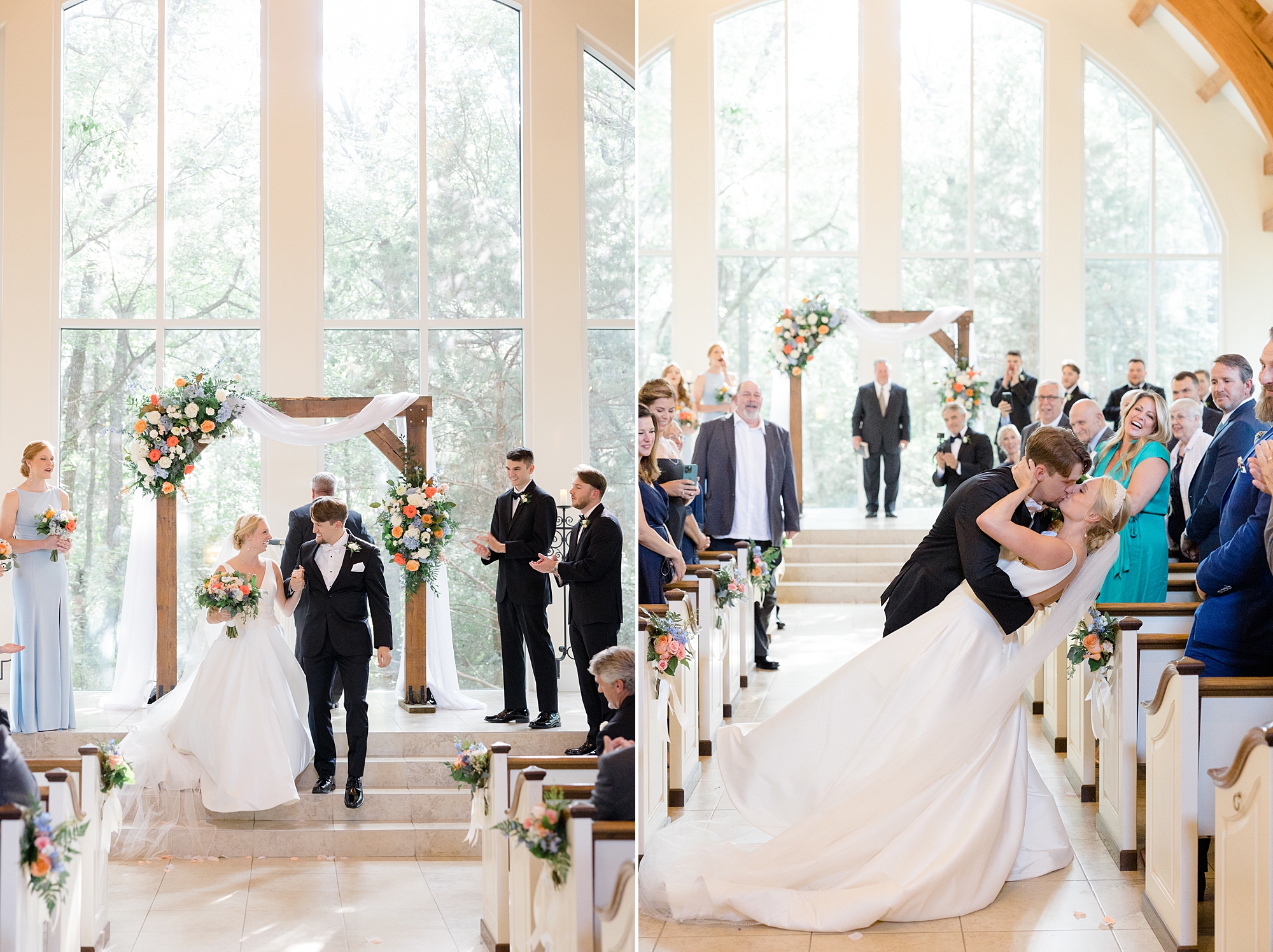 groom dips bride during kiss after chapel wedding in Texas