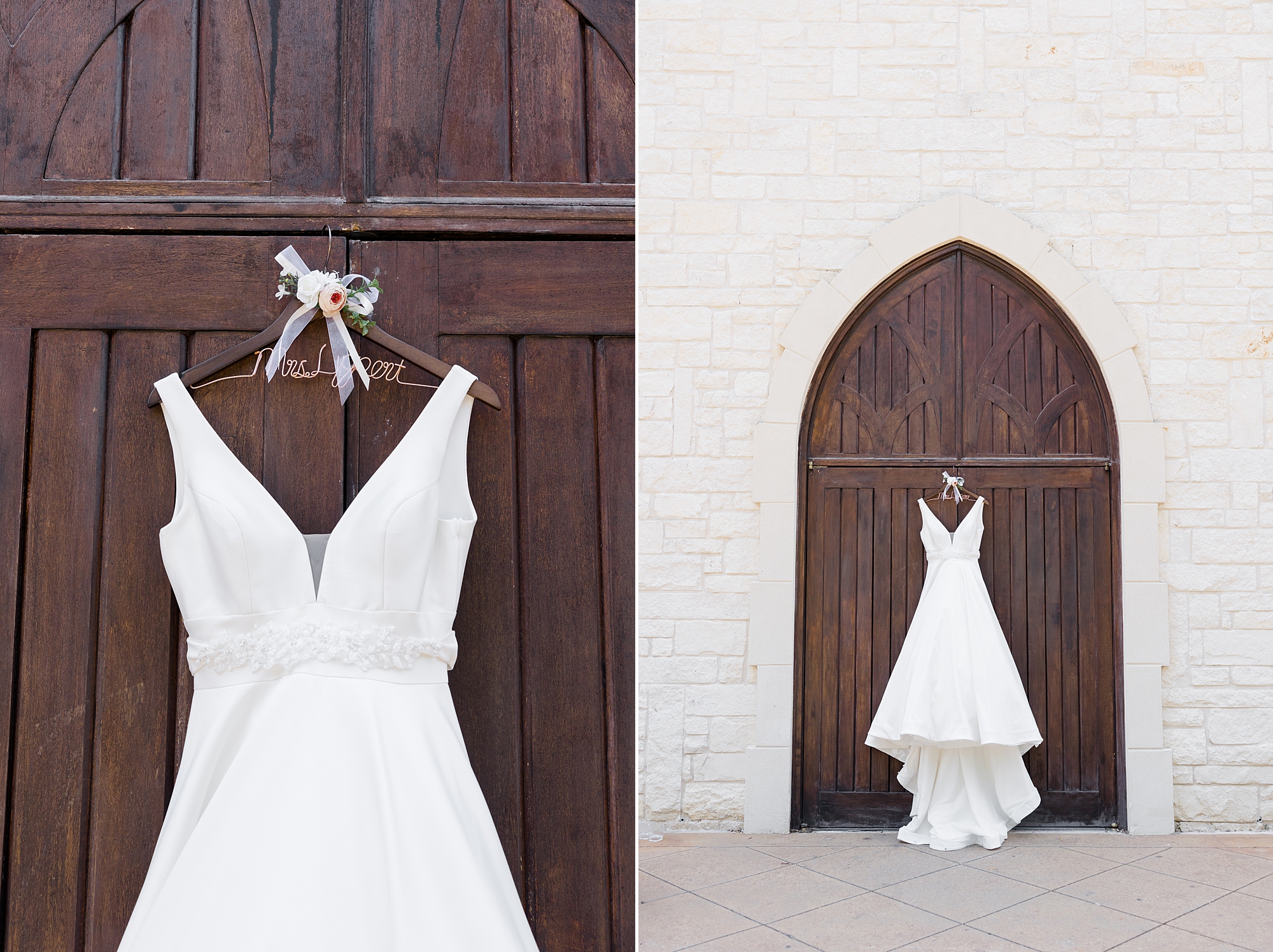 bride's dress hangs outside wooden door at Ashton Gardens