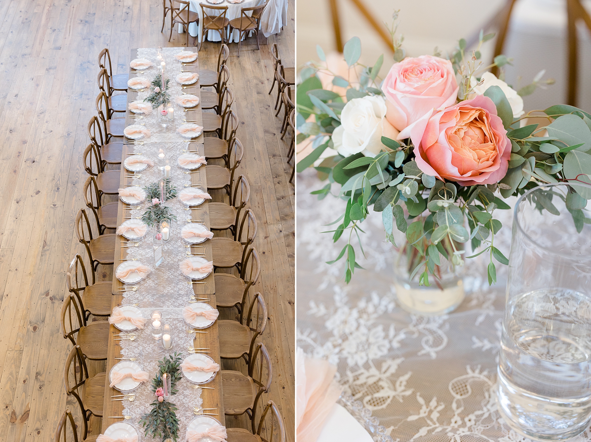 family style seating with pink peonies at Oak + Ivy