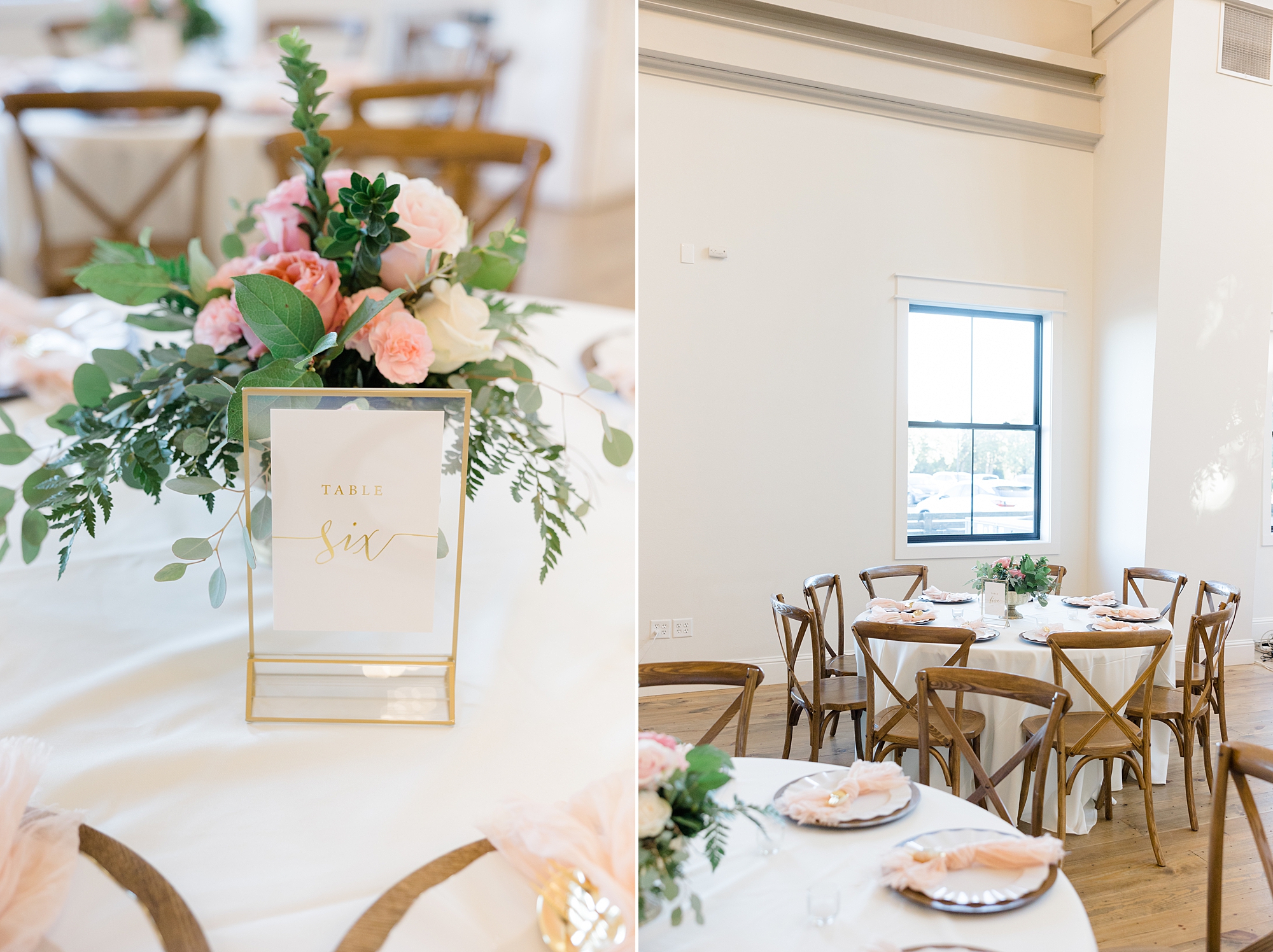 wedding reception with pink and gold details at Oak + Ivy