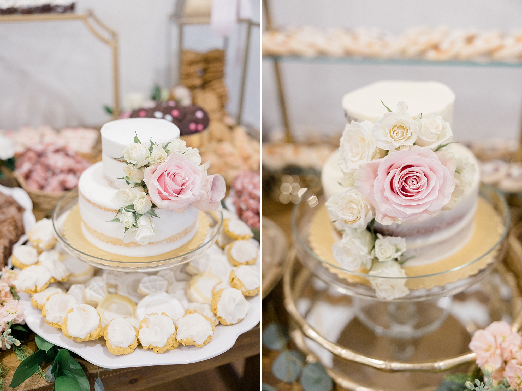 tiered wedding cake and desserts at Oak + Ivy summer wedding reception 