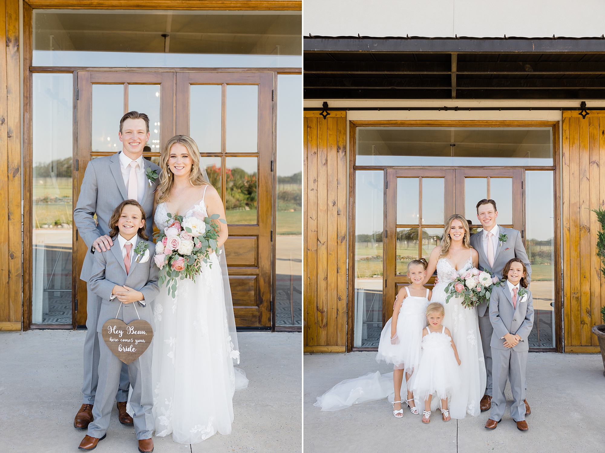 bride and groom pose with ring bearers and flower girls