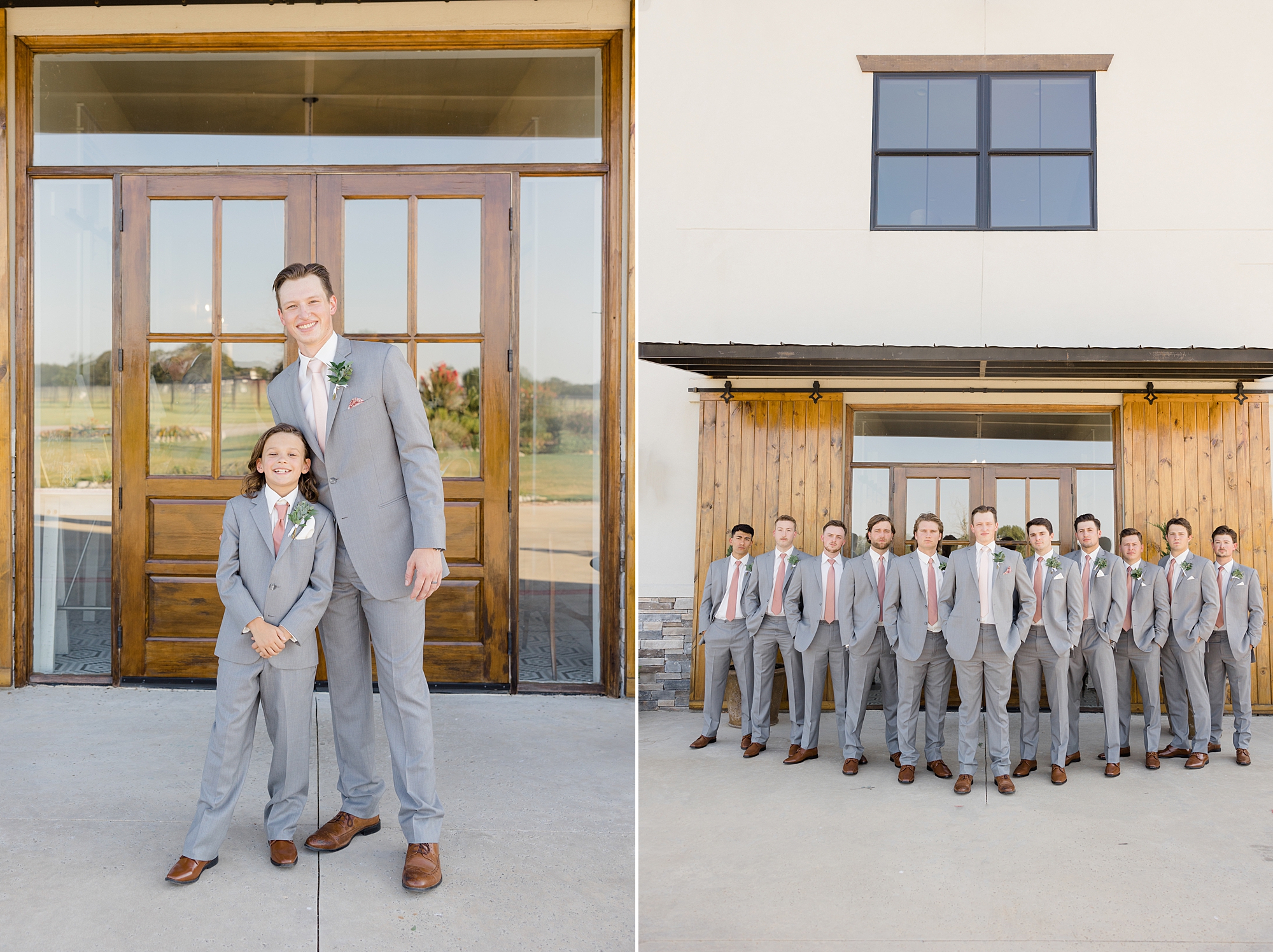 groom poses with groomsmen and ring bearer in grey suits