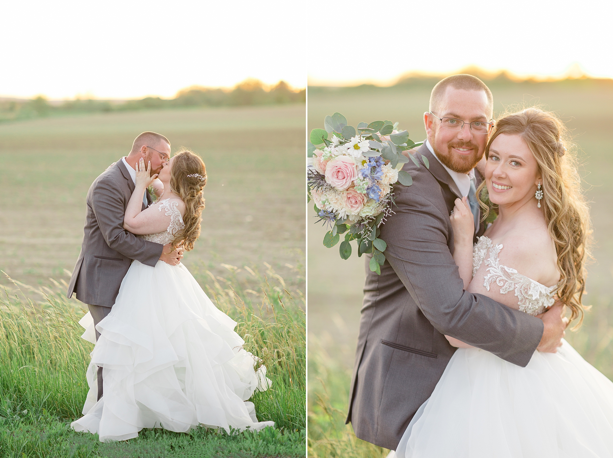 sunset wedding portraits along in field in New York
