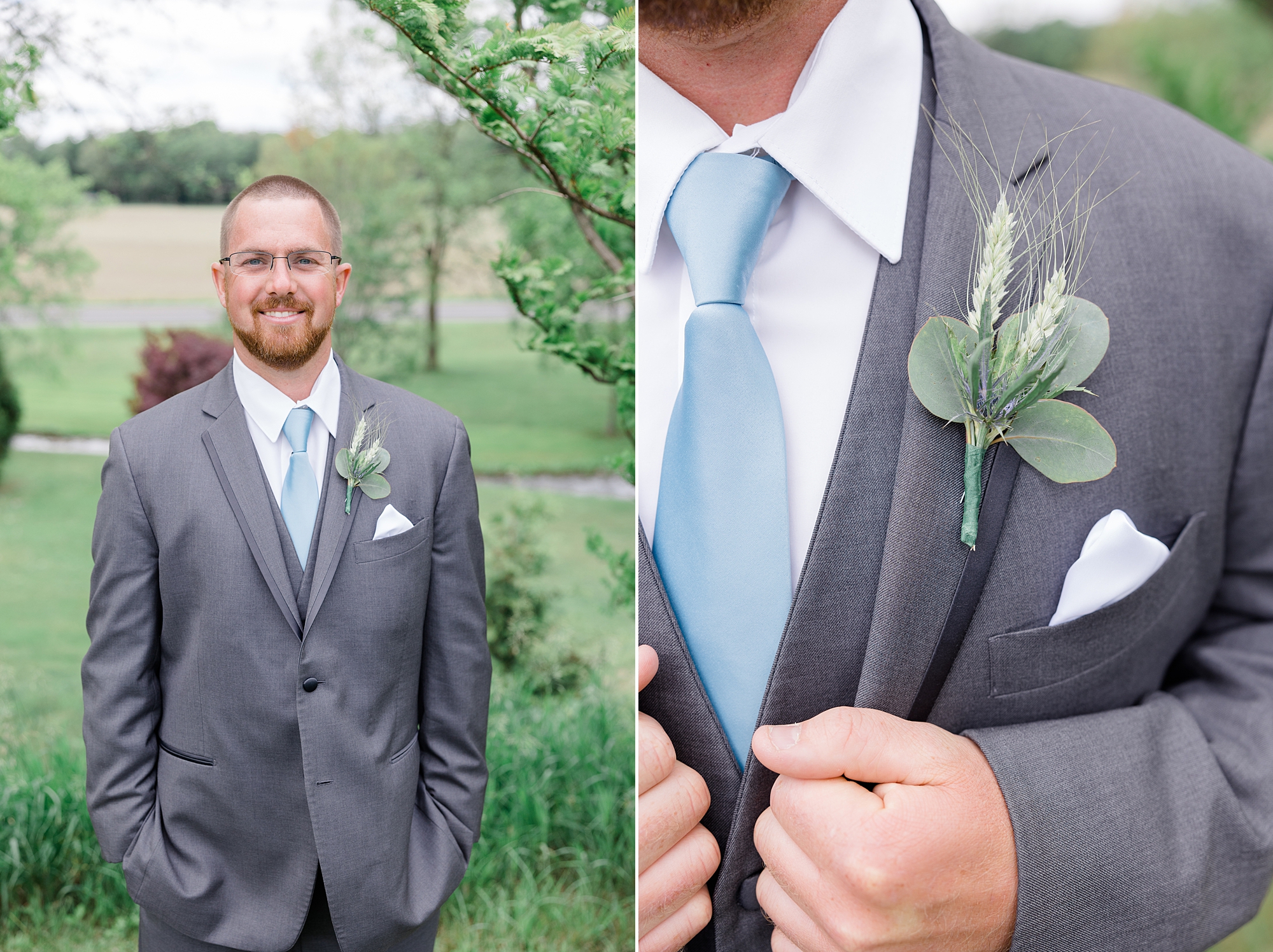 groom adjusts jacket with blue tie