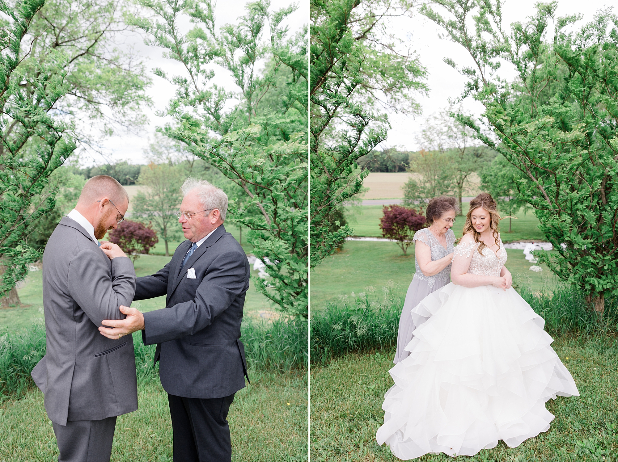 mother helps bride with dress and dad helps groom with tie before the Barn at Stoney Creek wedding