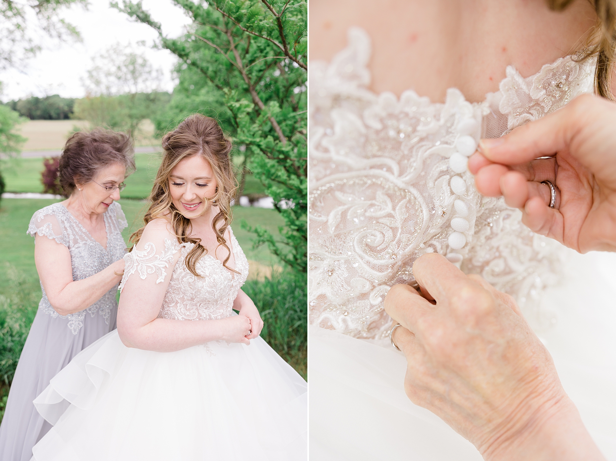 mother helps bride with lace on wedding gown