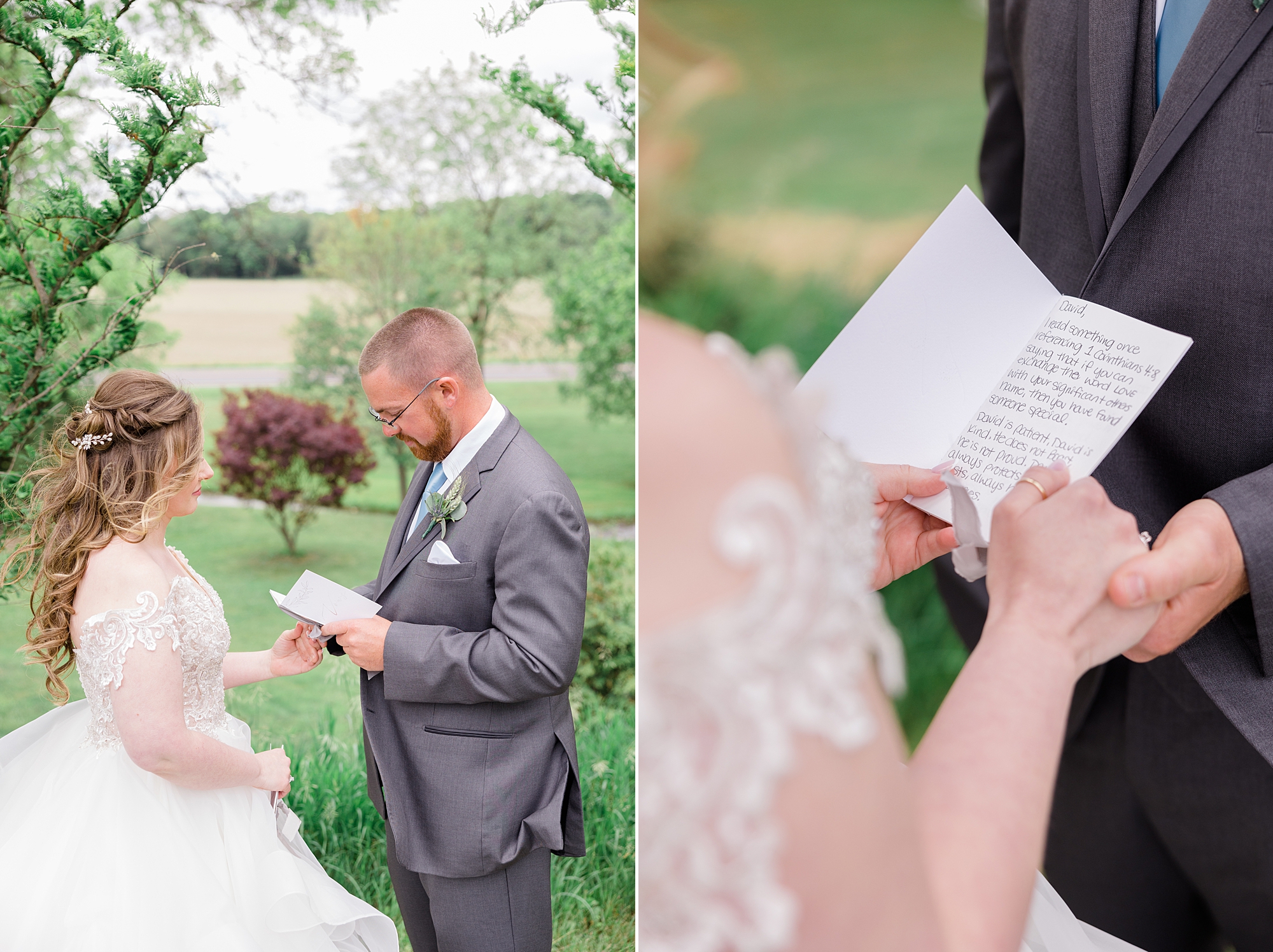 bride and groom read letters during first look 
