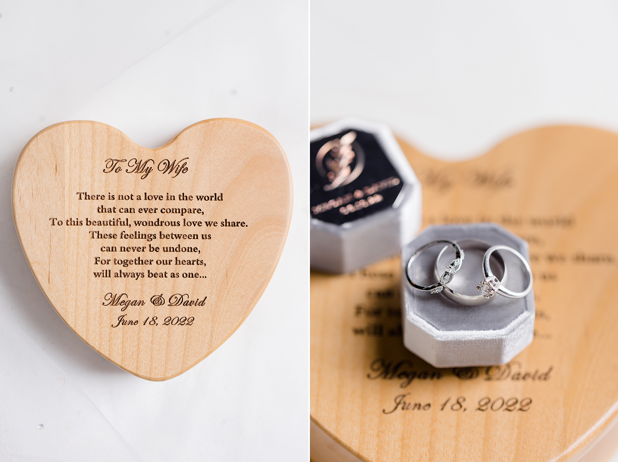 ring boxes lay on wooden heart