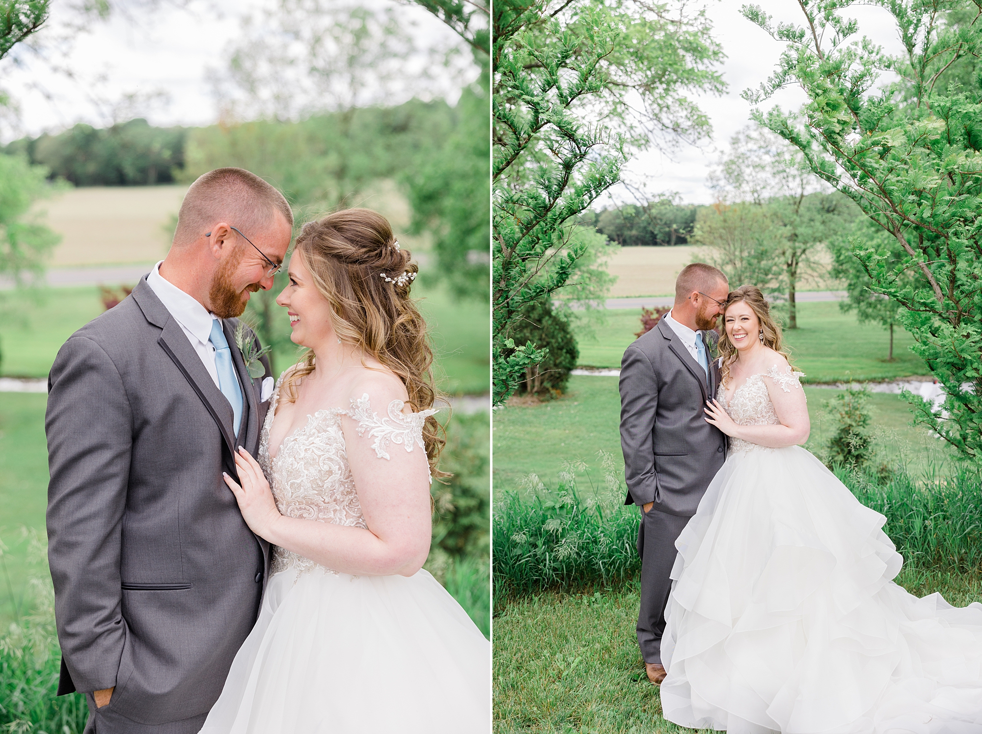 bride and groom lean heads together during portraits on lawn at the Barn at Stoney Creek
