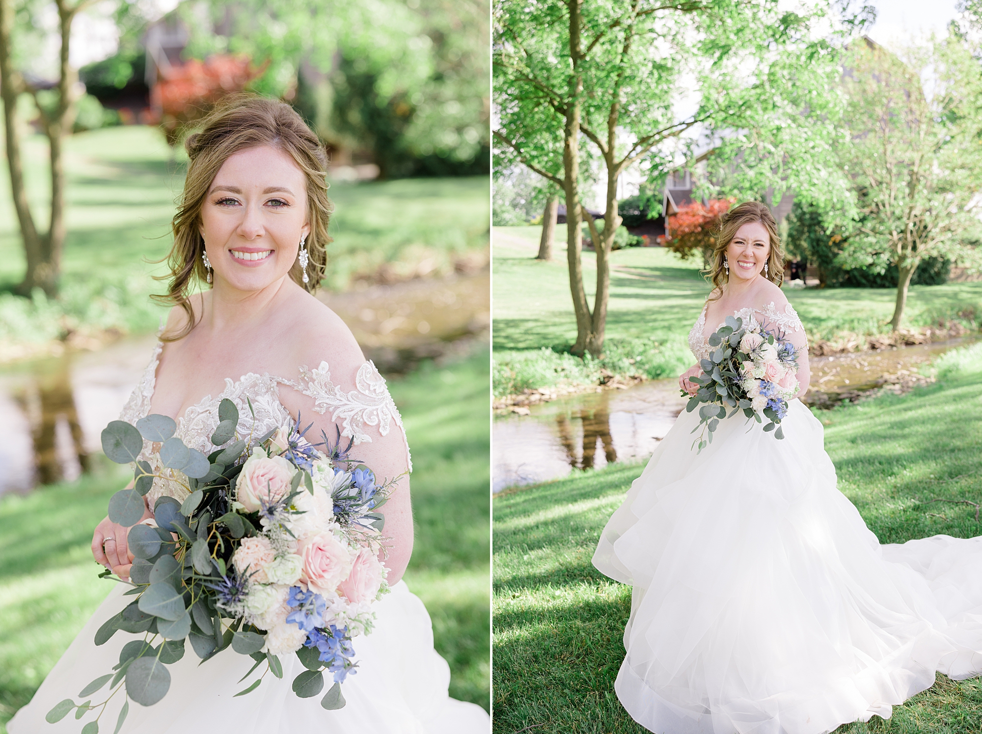 bride poses along creek at the Barn at Stoney Creek with pastel pink and blue bouquet 