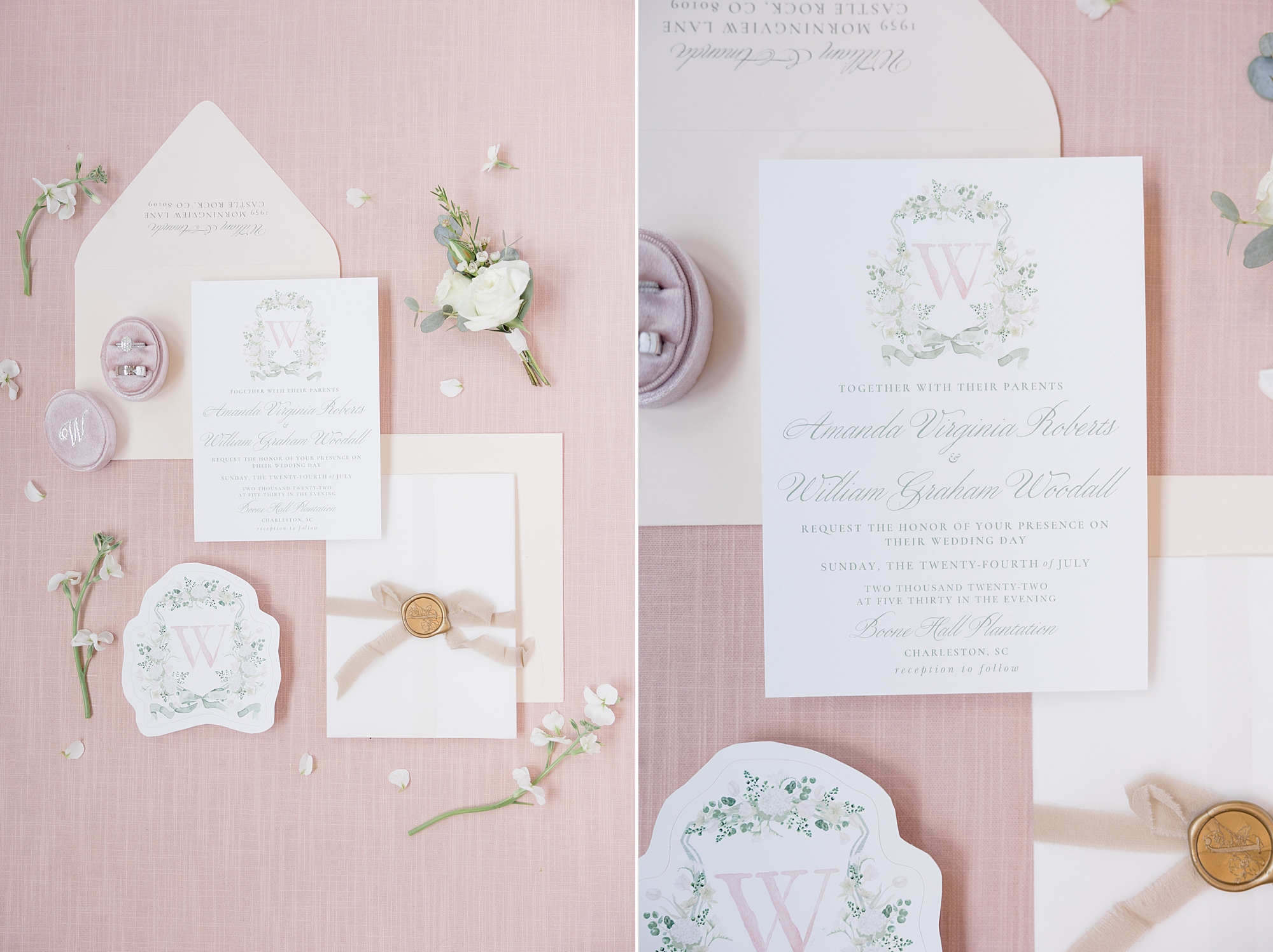 invitation suite for Boone Hall wedding