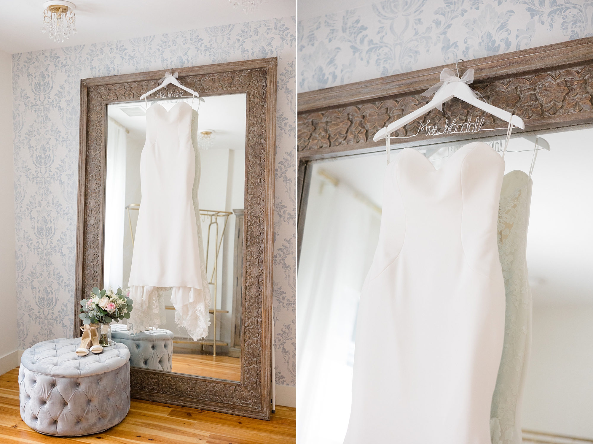 wedding dress hangs in suite at Boone Hall