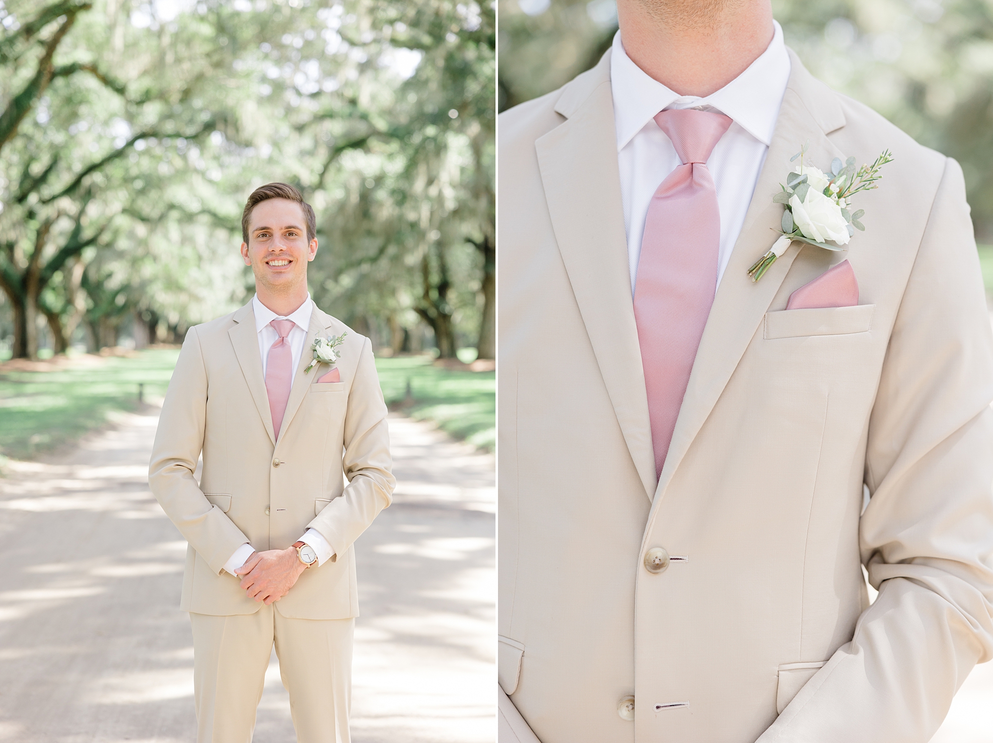 groom stands in tan suit with pink tie