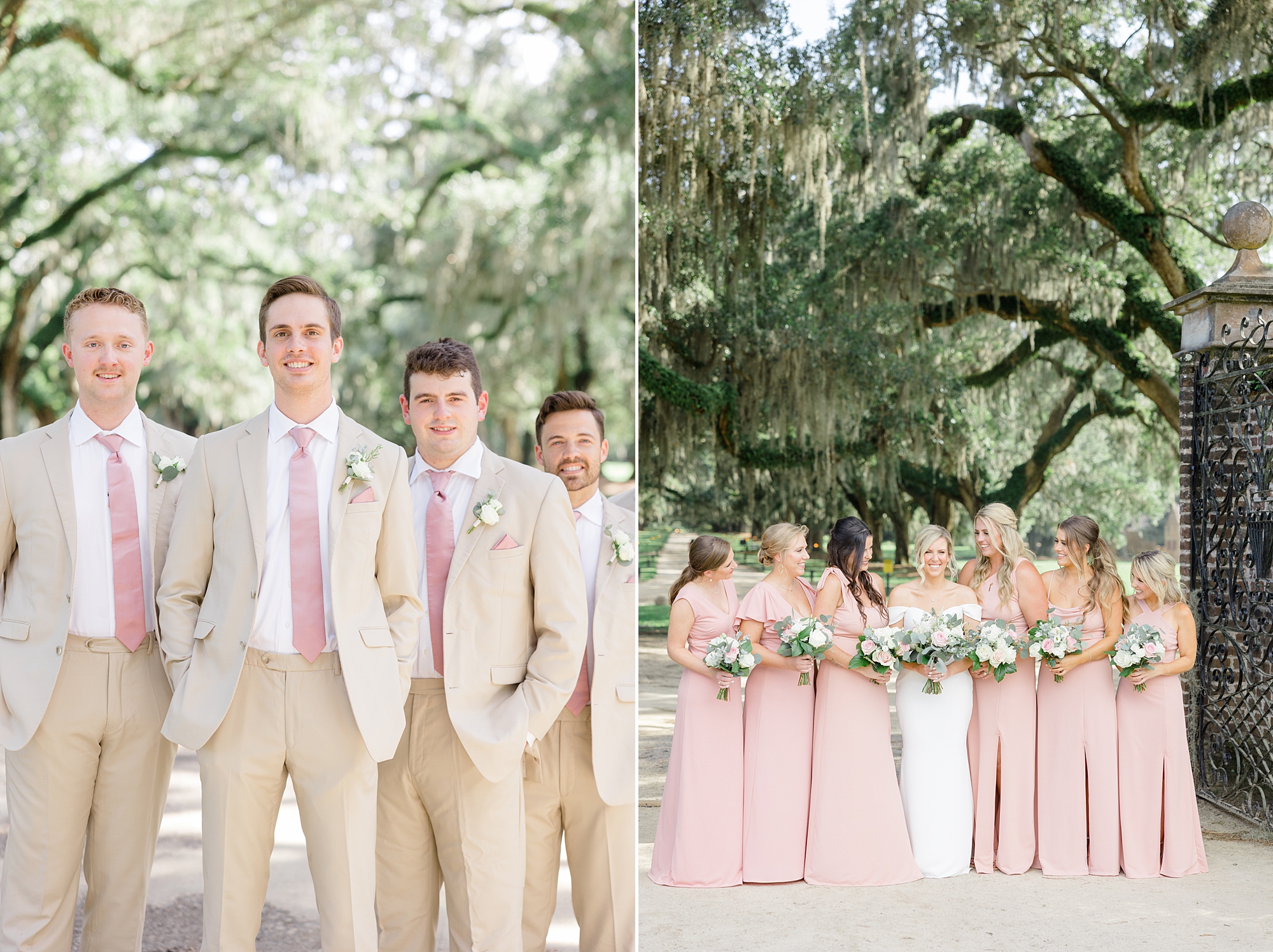 bride and groom stand with wedding party under oak trees at Boone Hall