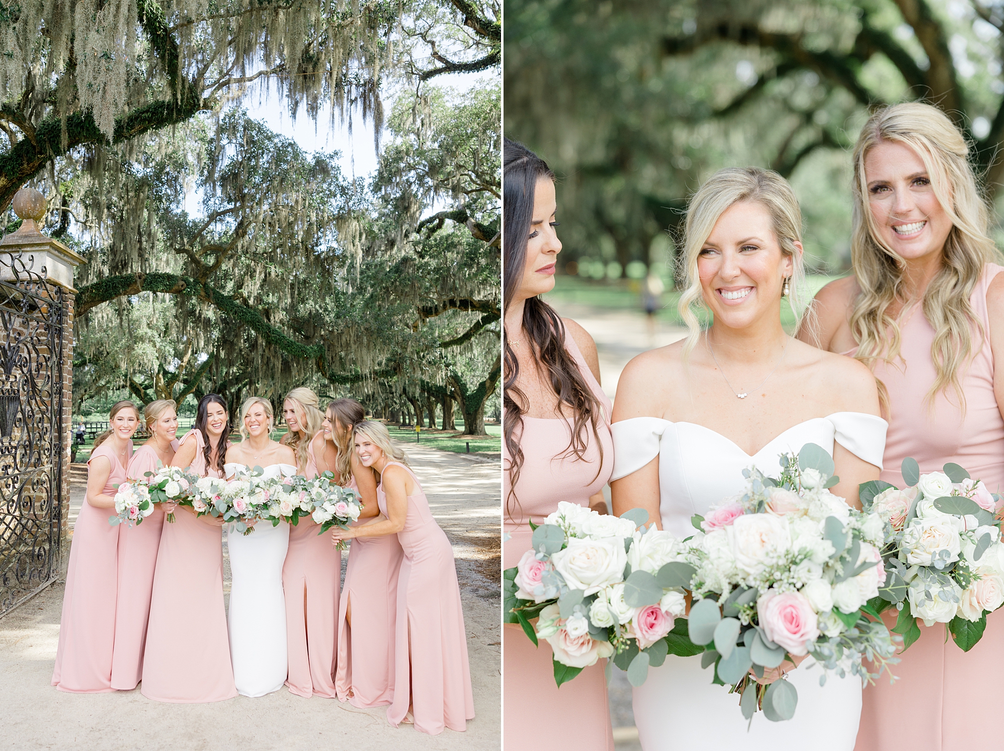 bride laughs with bridesmaids in pink dresses at Boone Hall