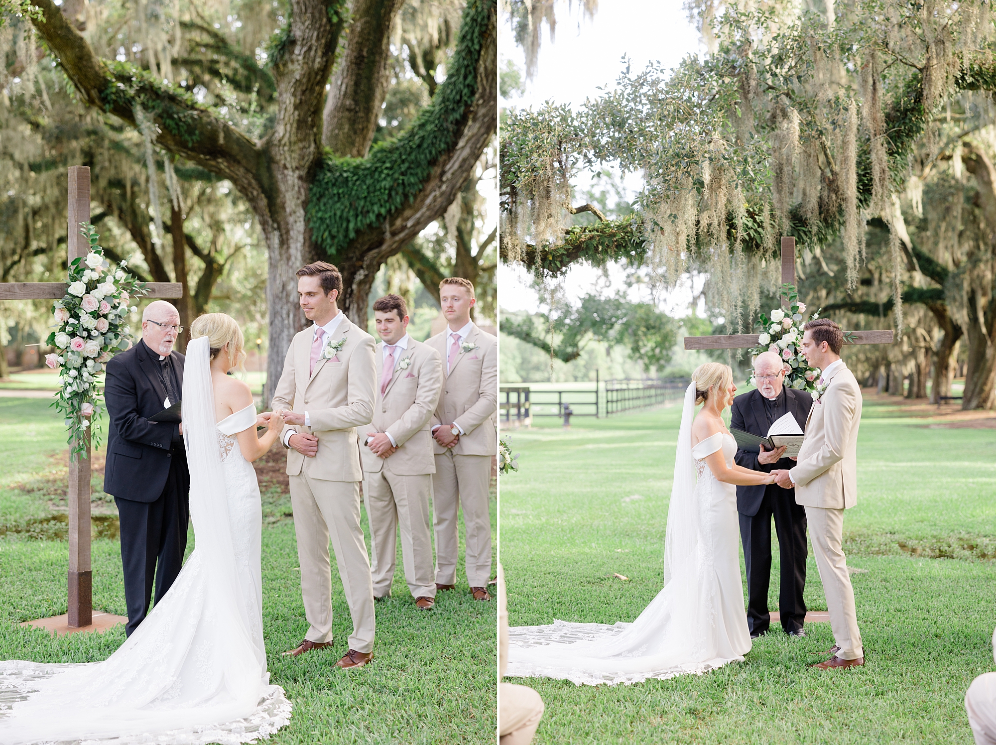 newlyweds exchange vows during wedding ceremony under oak trees at Boone Hall