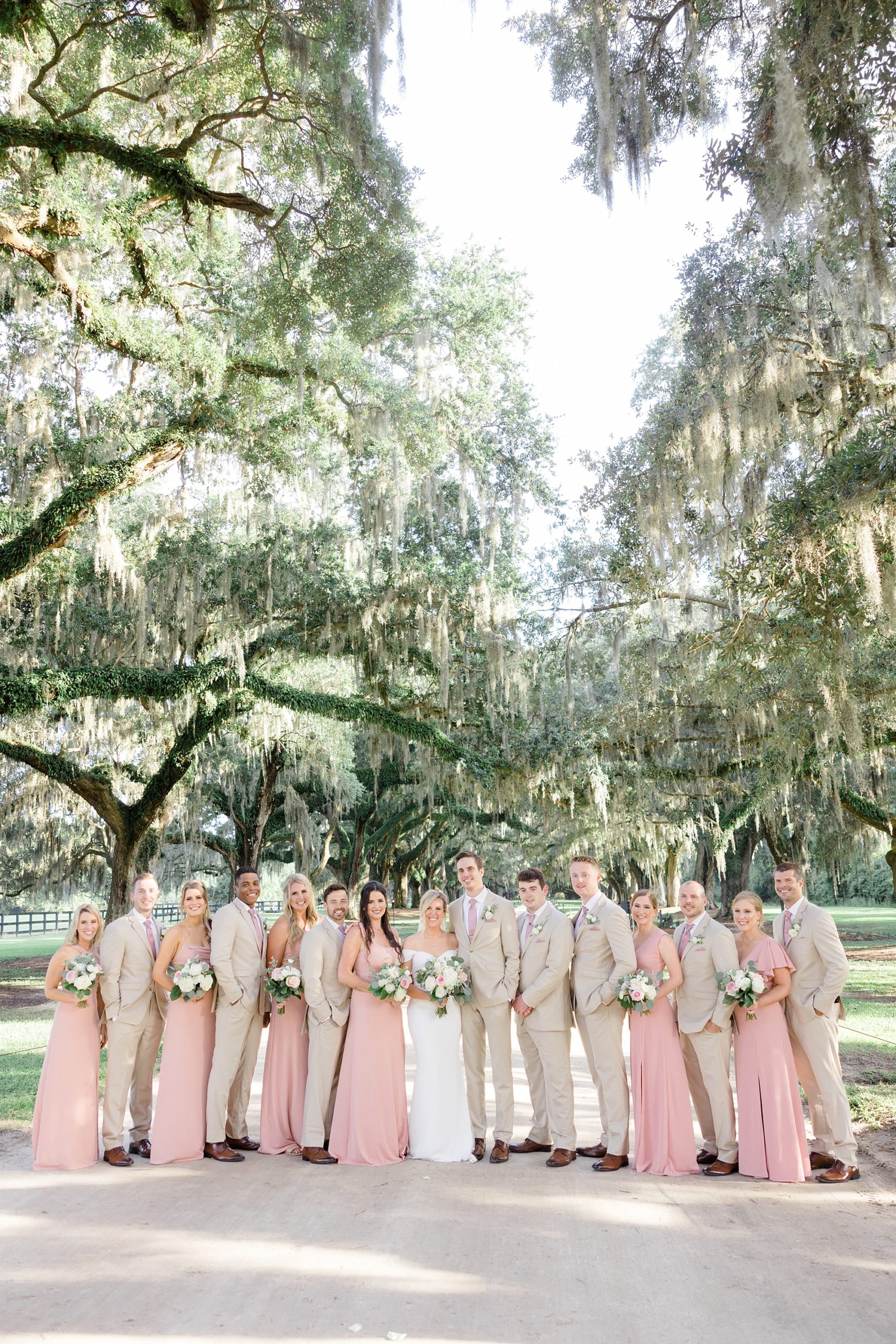 newlyweds pose with wedding party in tan and pale pink at Boone Hall