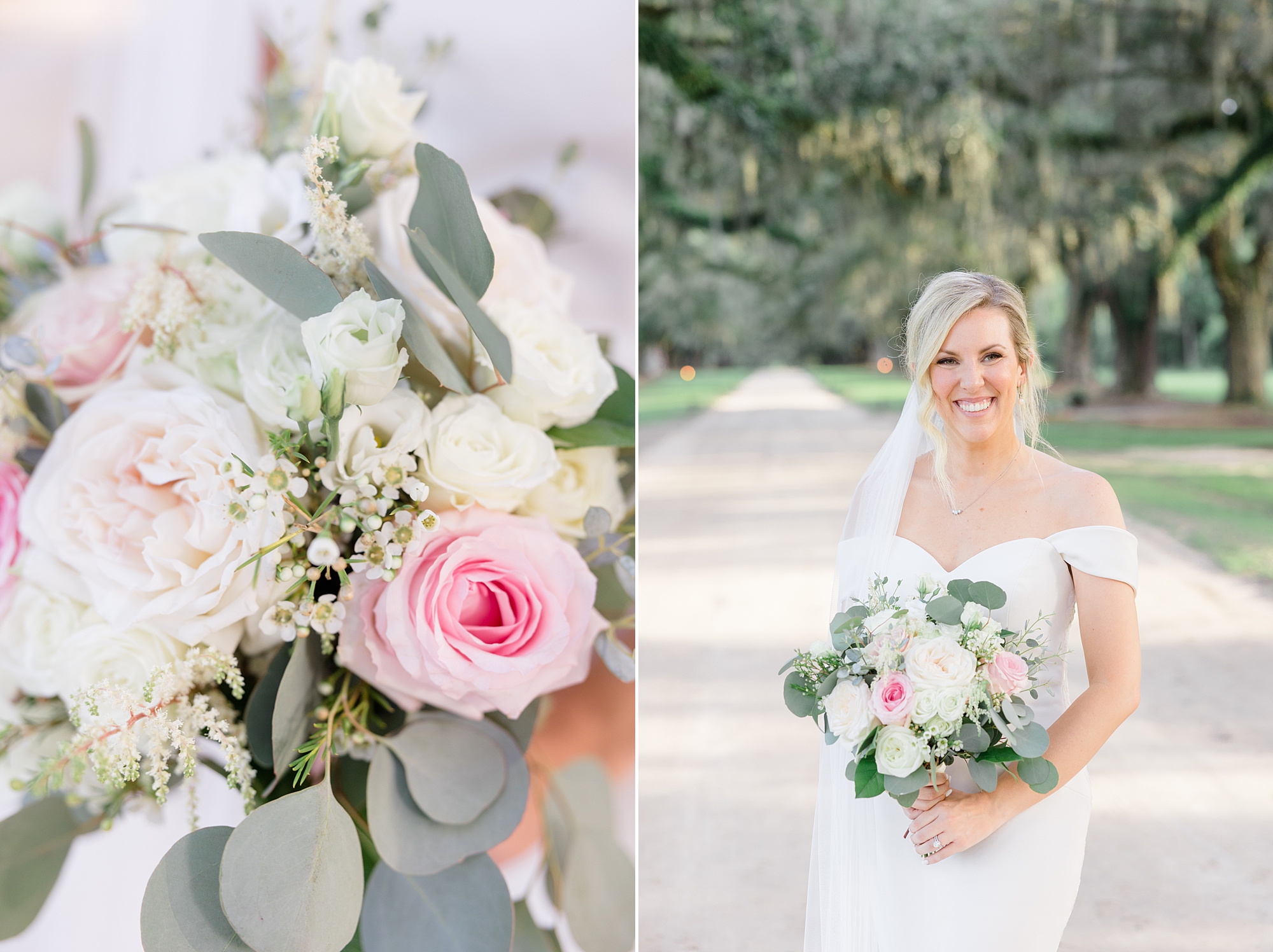 bride stands on driveway at Boone Hall with bouquet of pink and white flowers