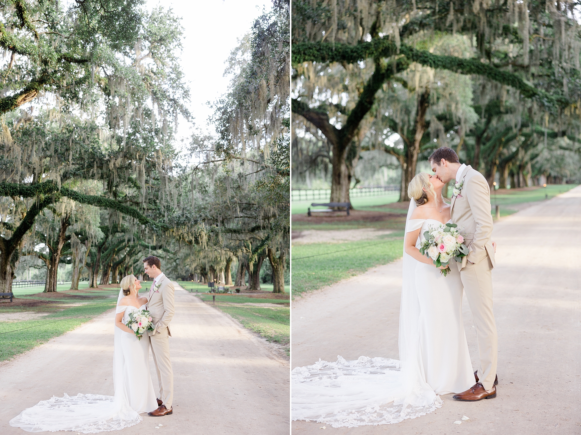 newlyweds kiss on driveway under Spanish moss at Boone Hall