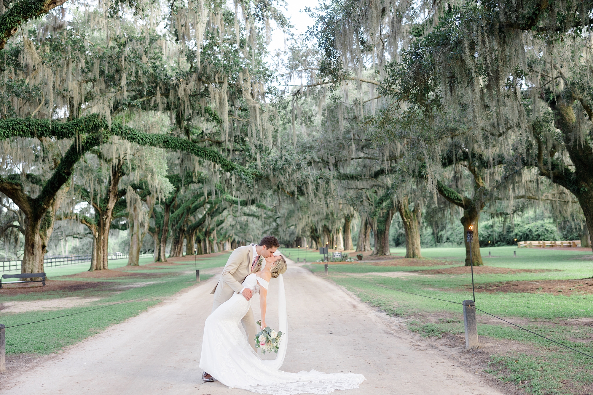 groom kiss bride dipping her under Spanish moss at Boone Hall