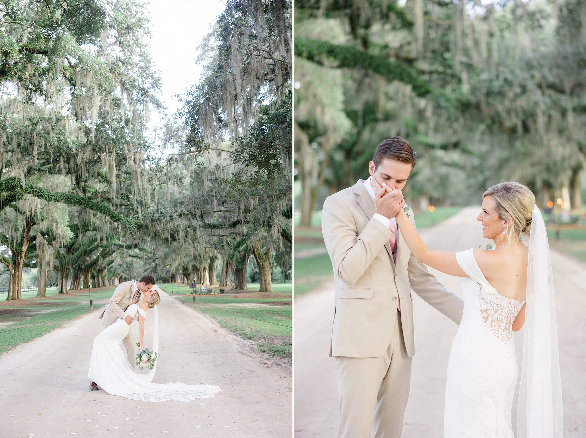 groom kisses wife's hand during portraits in Charleston SC
