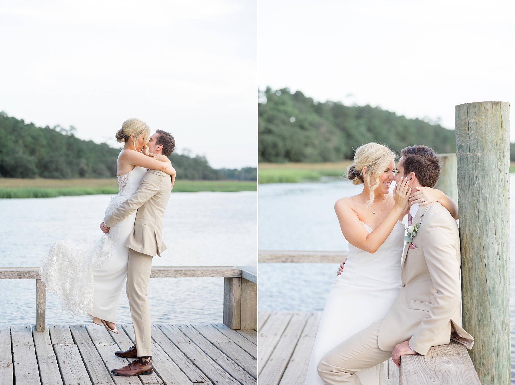 bride and groom kiss on wooden dock at Boone Hall