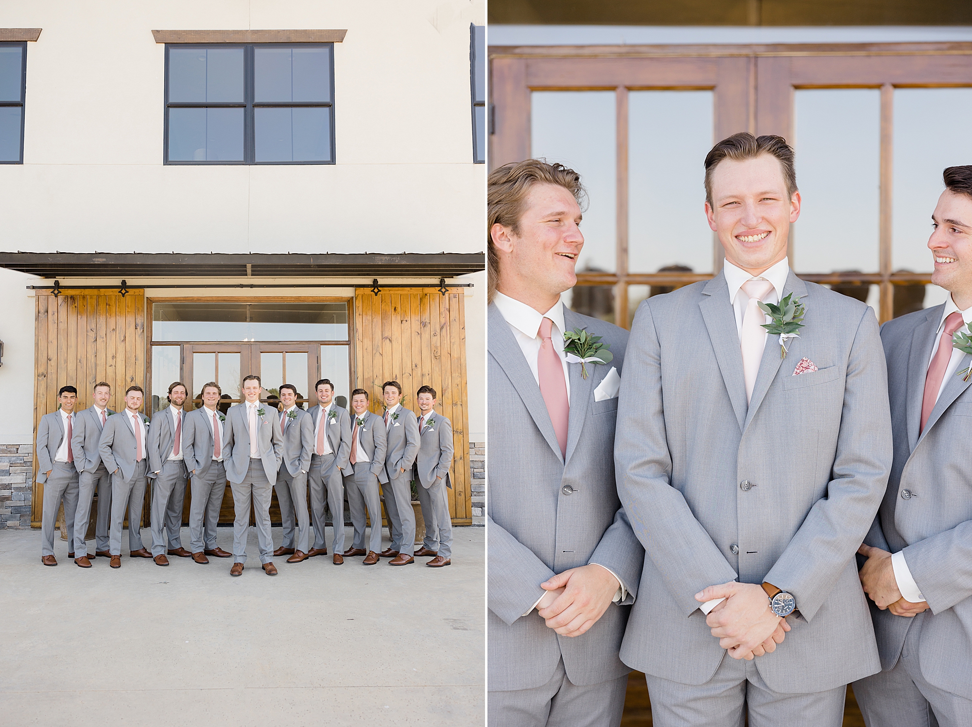 groomsmen in grey suits look at groom outside Oak + Ivy