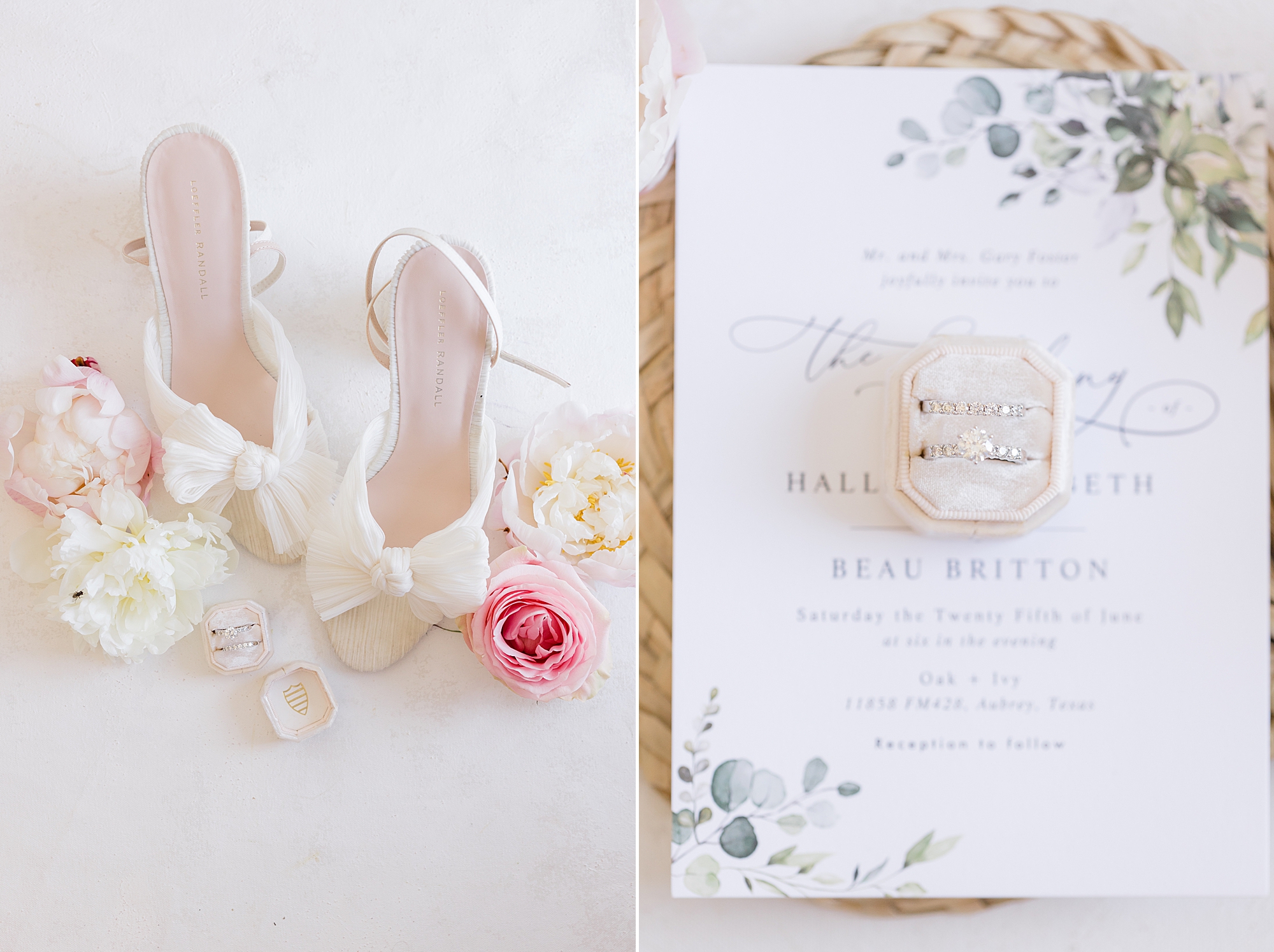 bride's shoes and wedding rings on invitation suite for summer wedding at Oak + Ivy