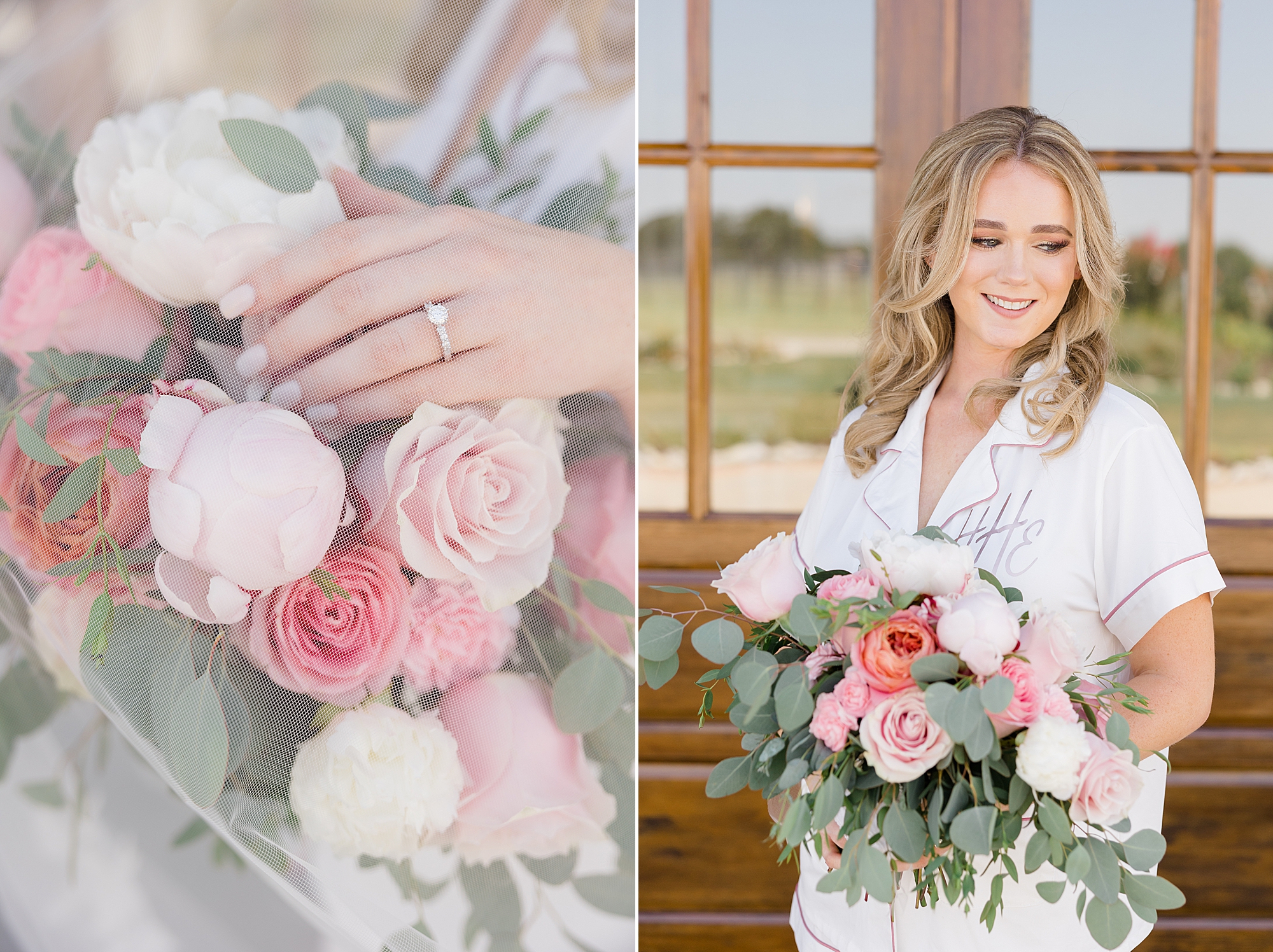 bride poses in white pajamas with pink peony bouquet