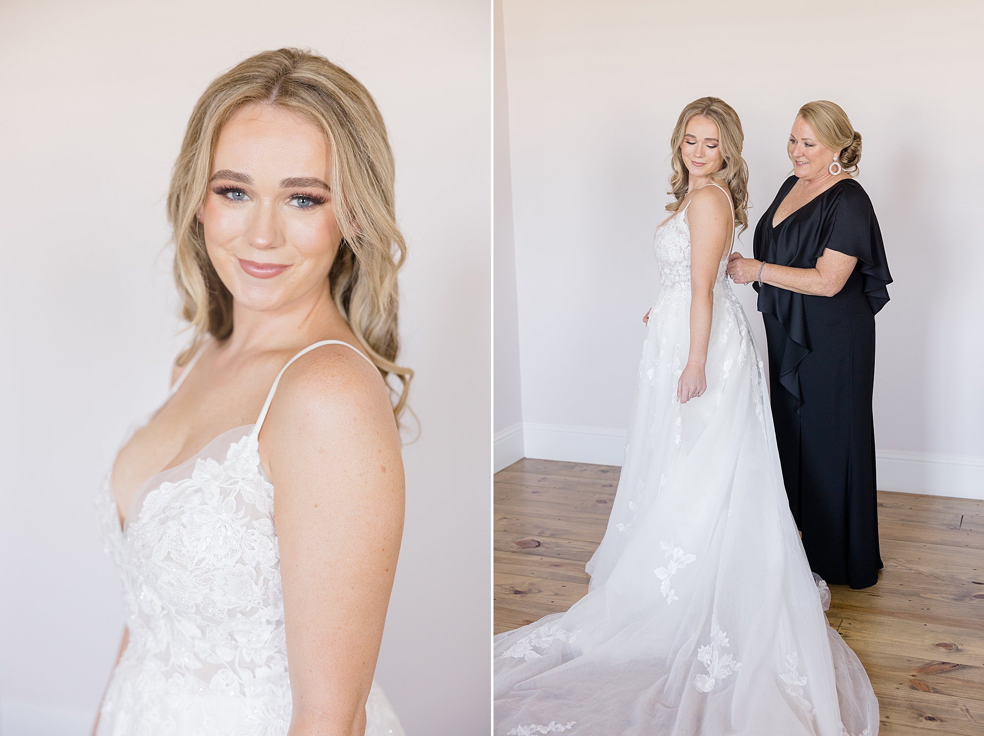 bride gets ready with mother for Oak + Ivy summer wedding
