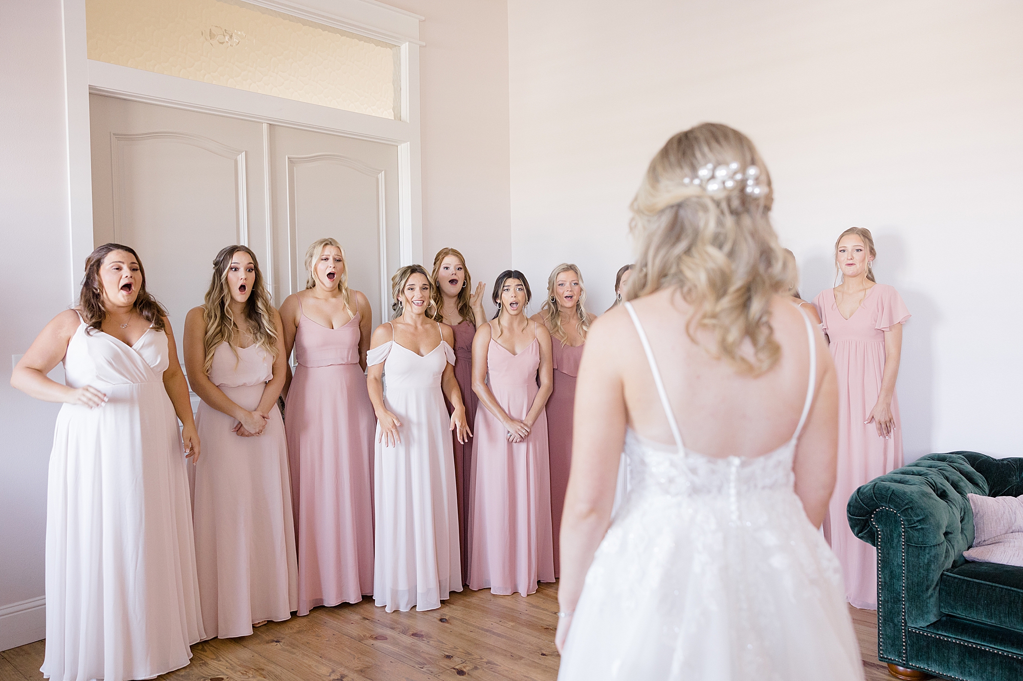  bridesmaids react to bride's first look at Oak + Ivy