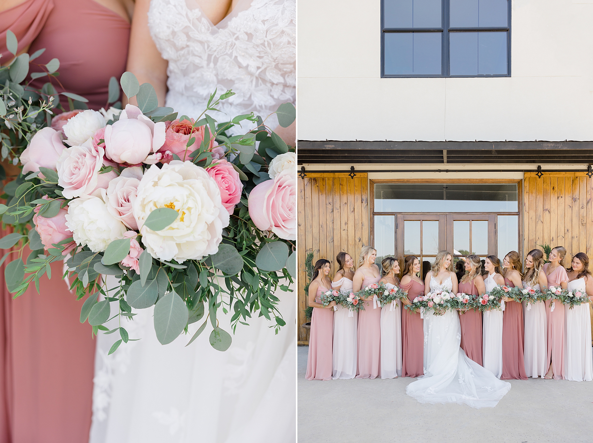 bridesmaids in mismatched pink gowns pose by wooden door at Oak + Ivy