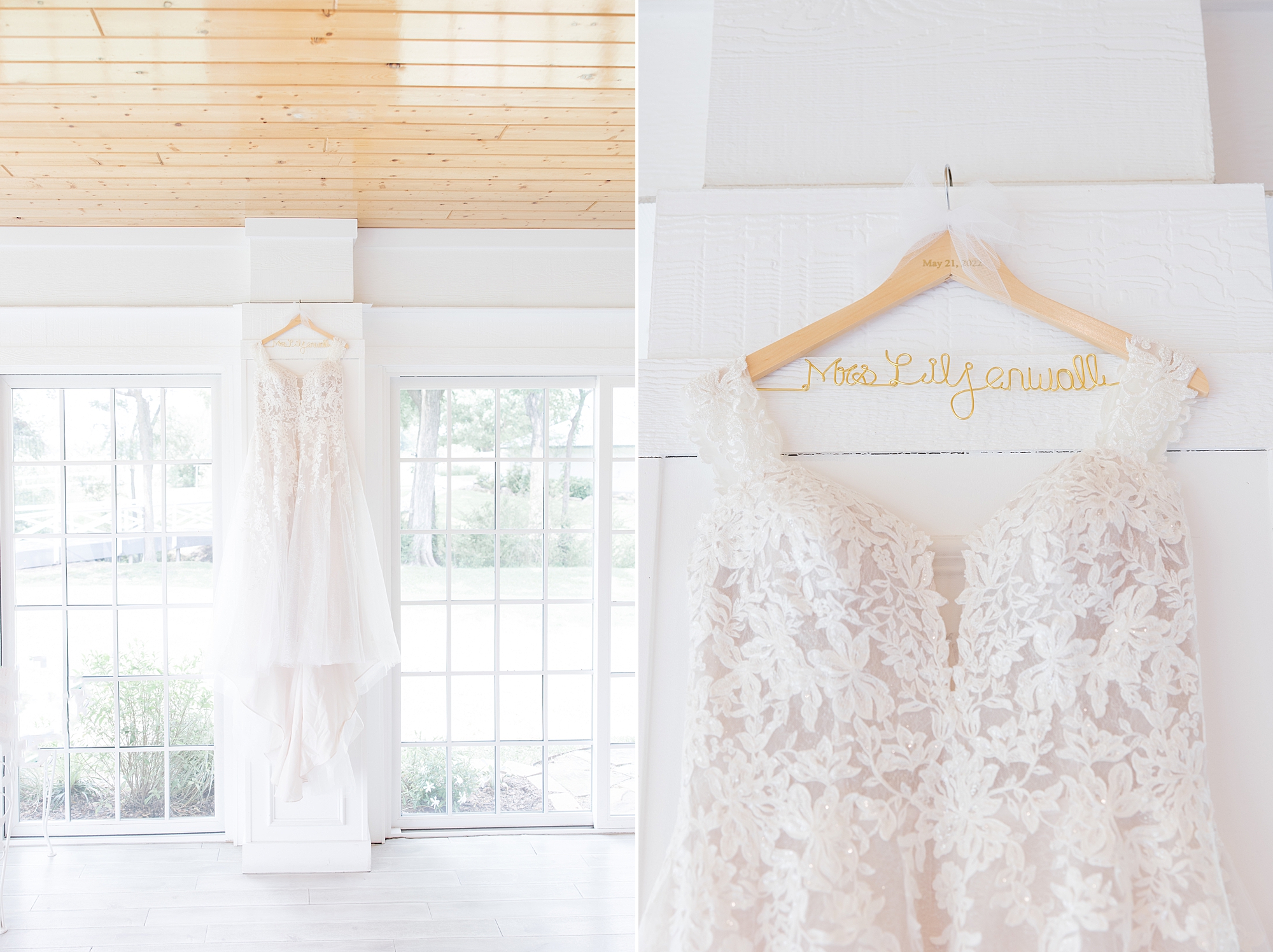 bride's dress hangs on white wall at Willow Creek