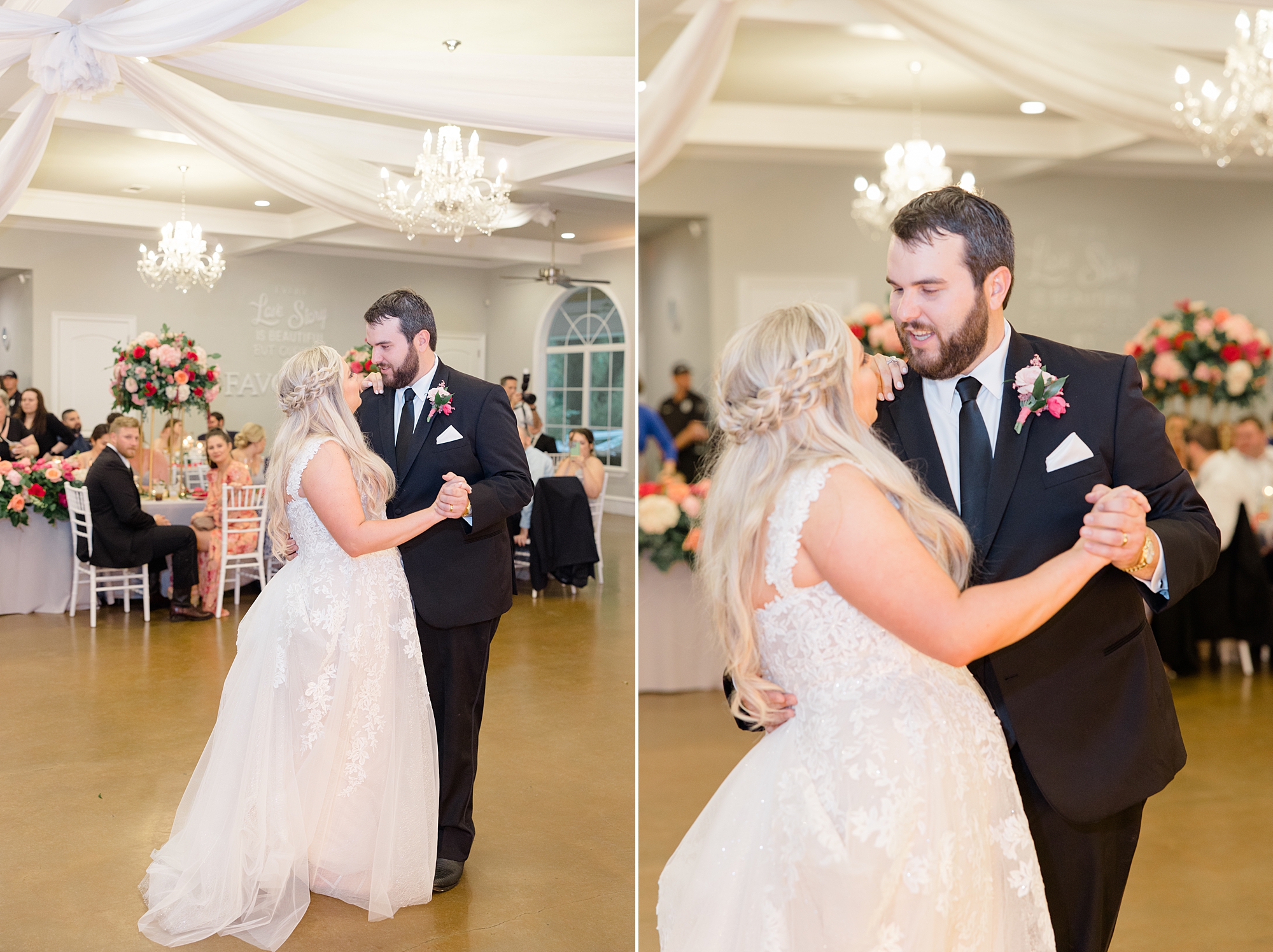 newlyweds have first dance during wedding reception