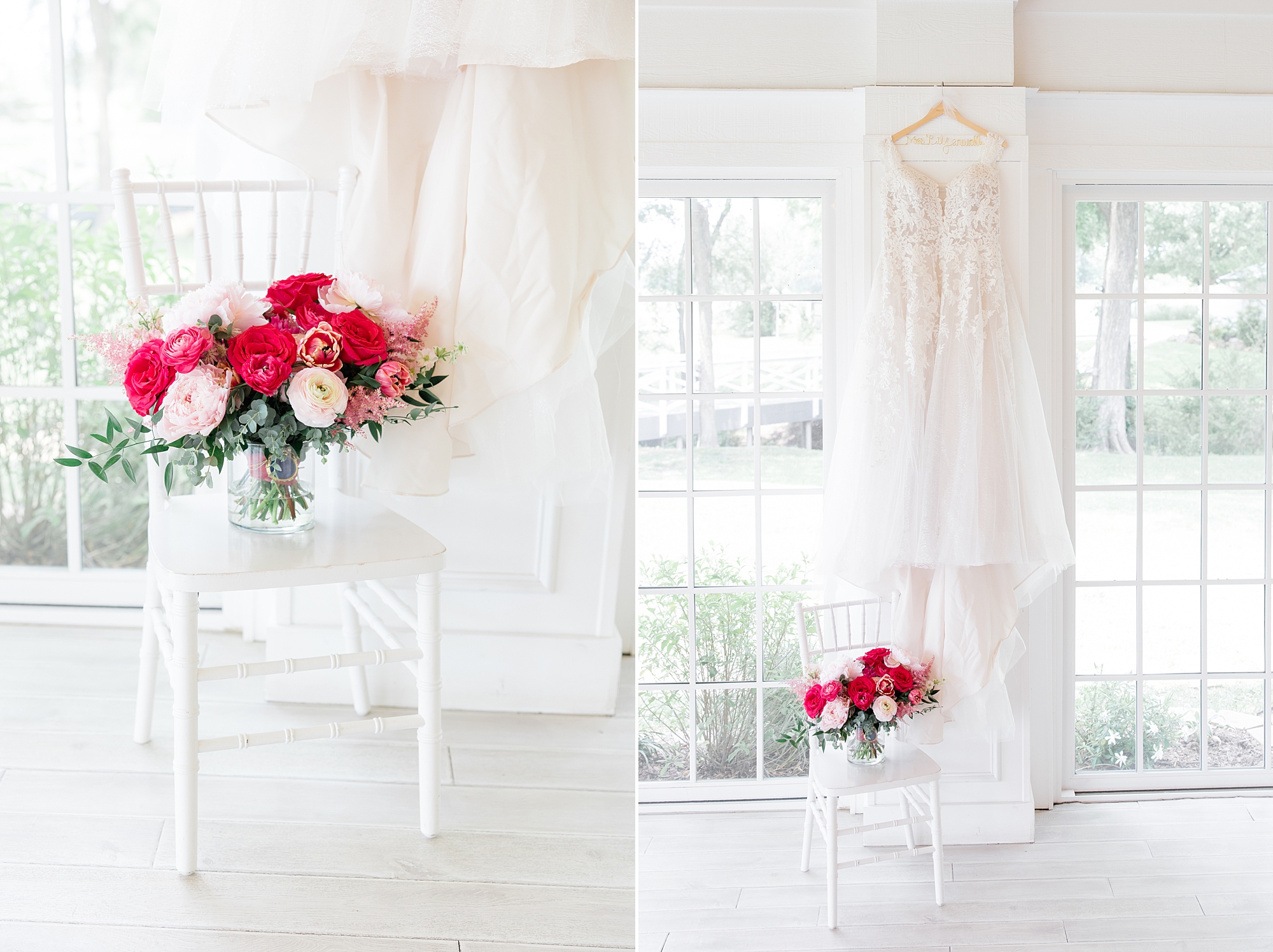 bride's dress hangs behind red and pink bouquet at Willow Creek