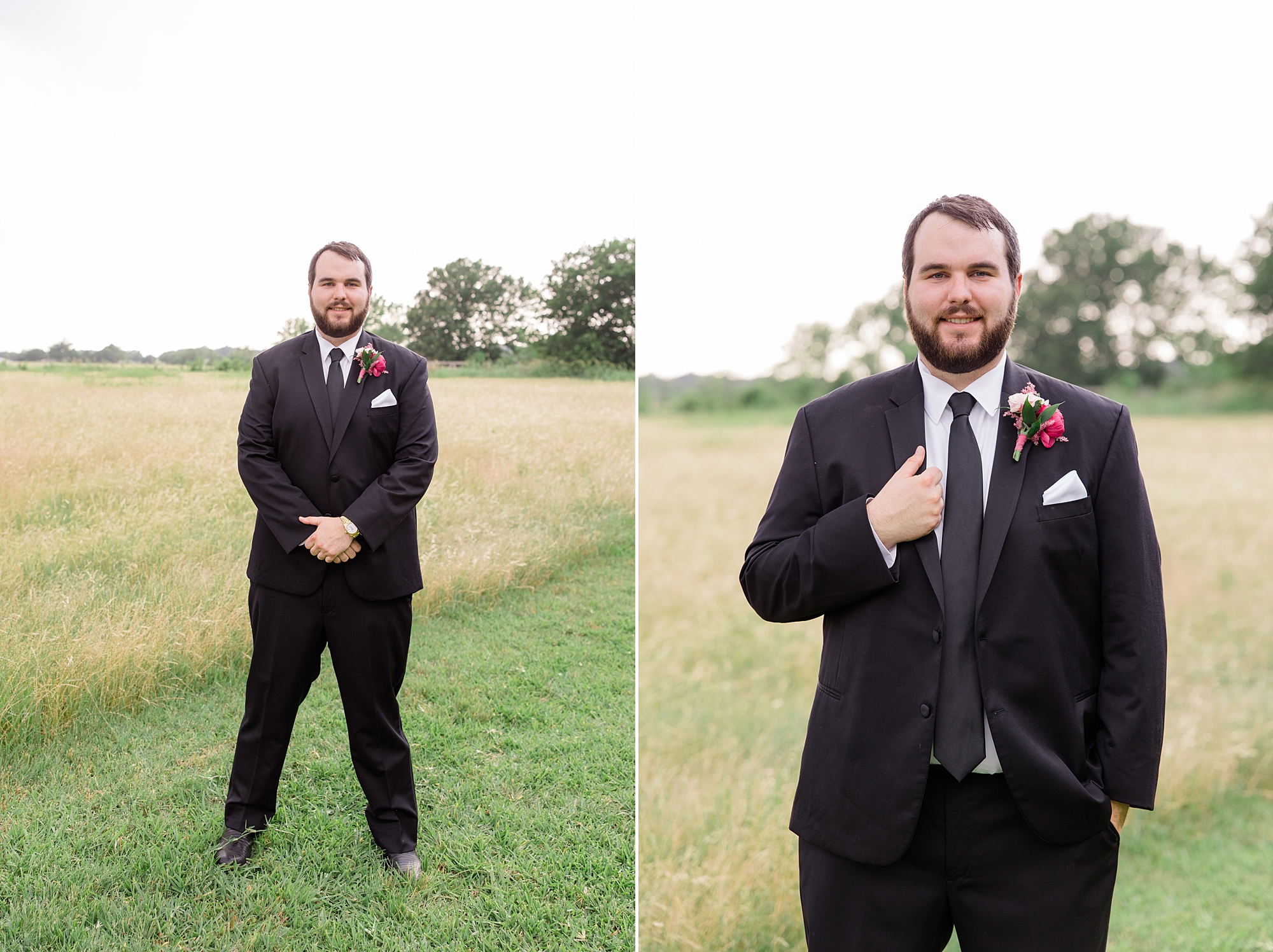 groom stands holding label of black suit