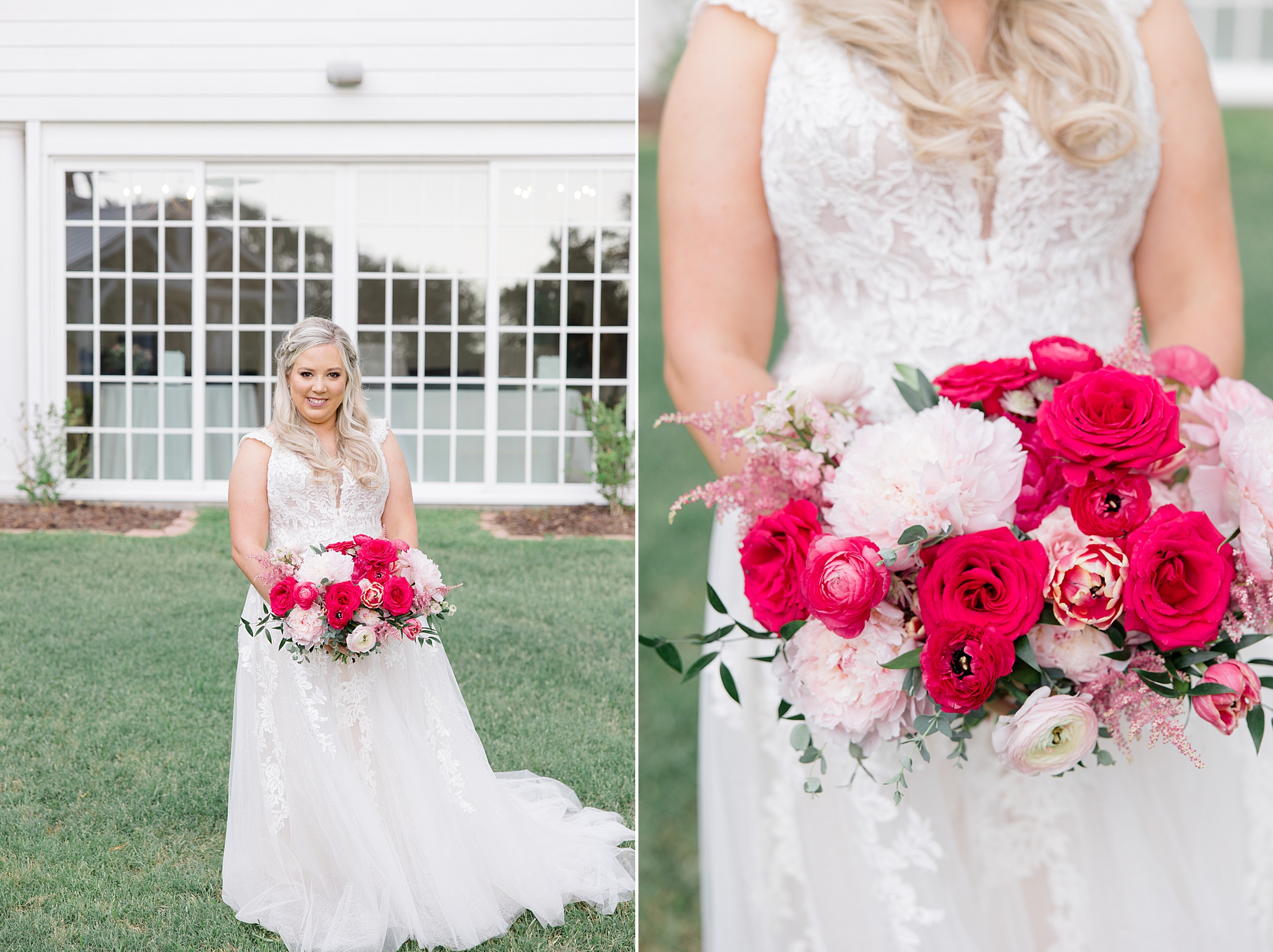 bride stands holding pink and red bouquet at Willow Creek