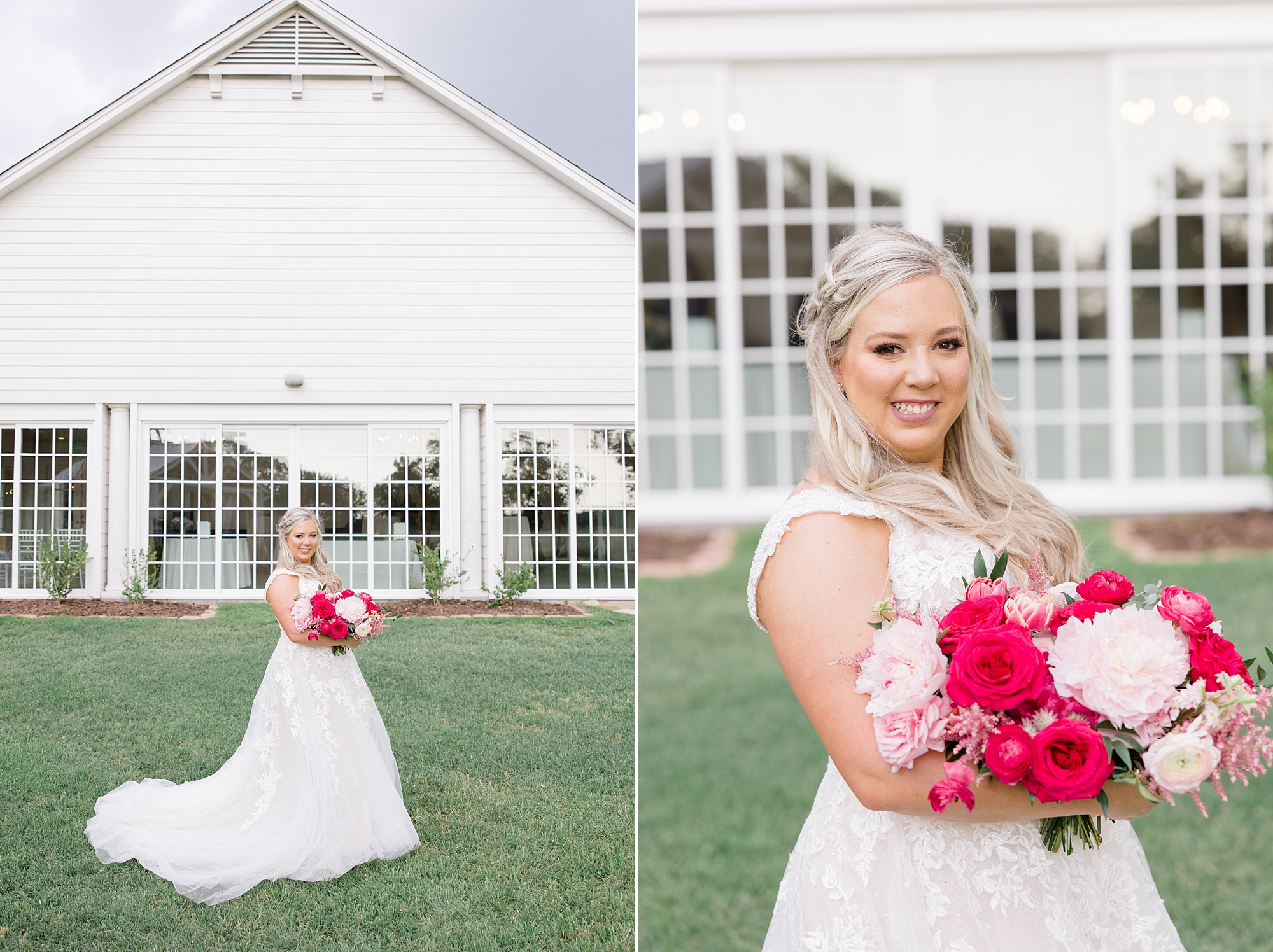 bride stands outside of Willow Creek holding pink bouquet