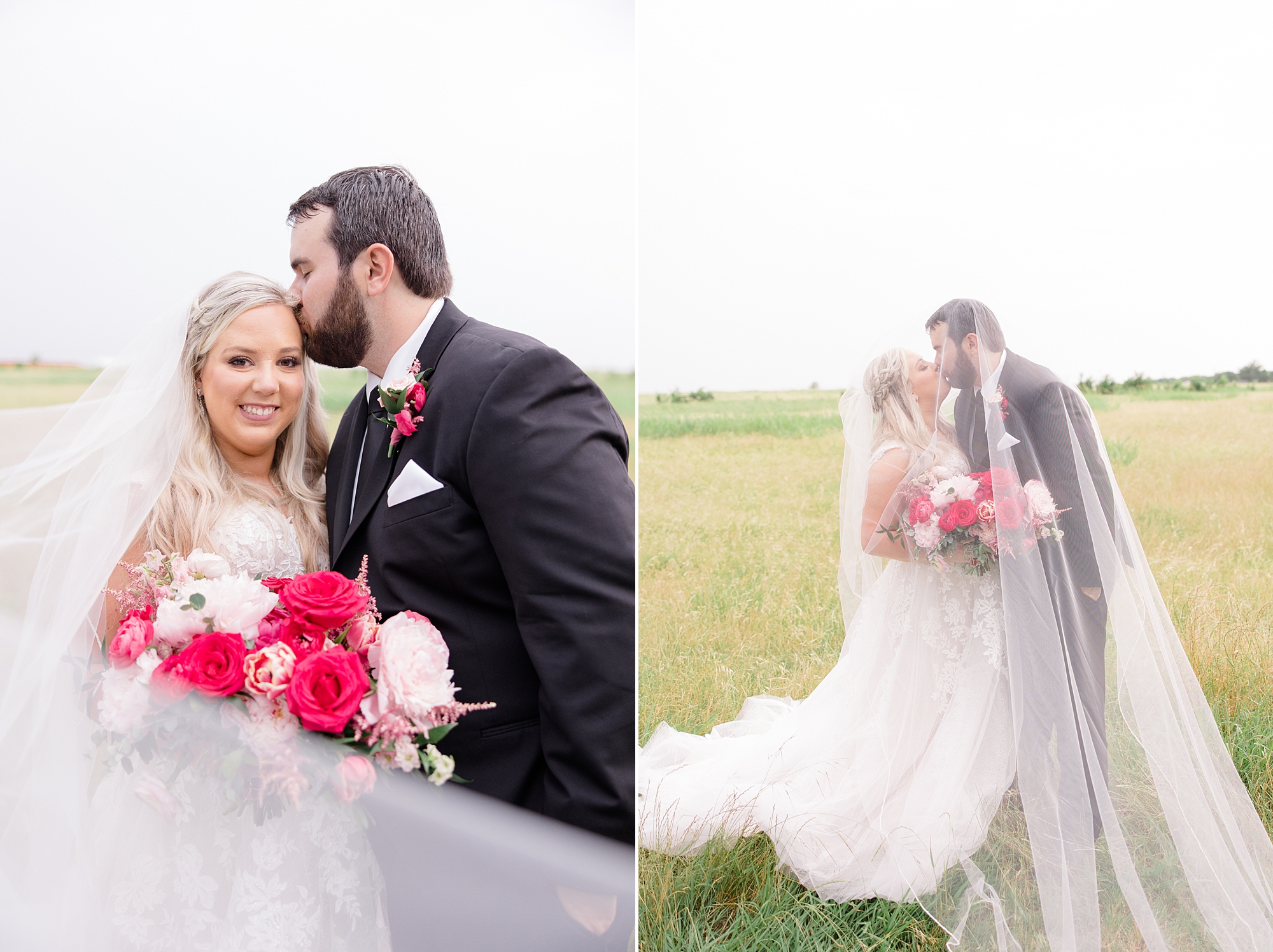 groom kisses bride's forehead during portraits in field at Willow Creek